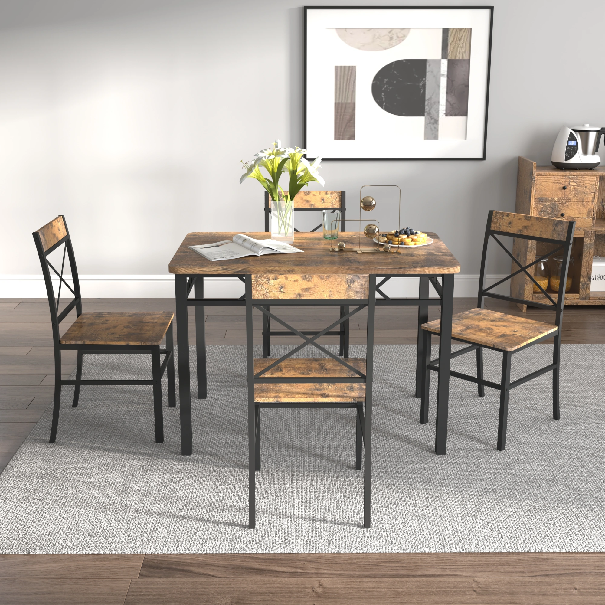 4 Piece Dining Table Set for 4, Solid Wood Kitchen Table and Chairs, Compact Dining Room Set with Chairs for Small Spaces, Rustic Brown view 7