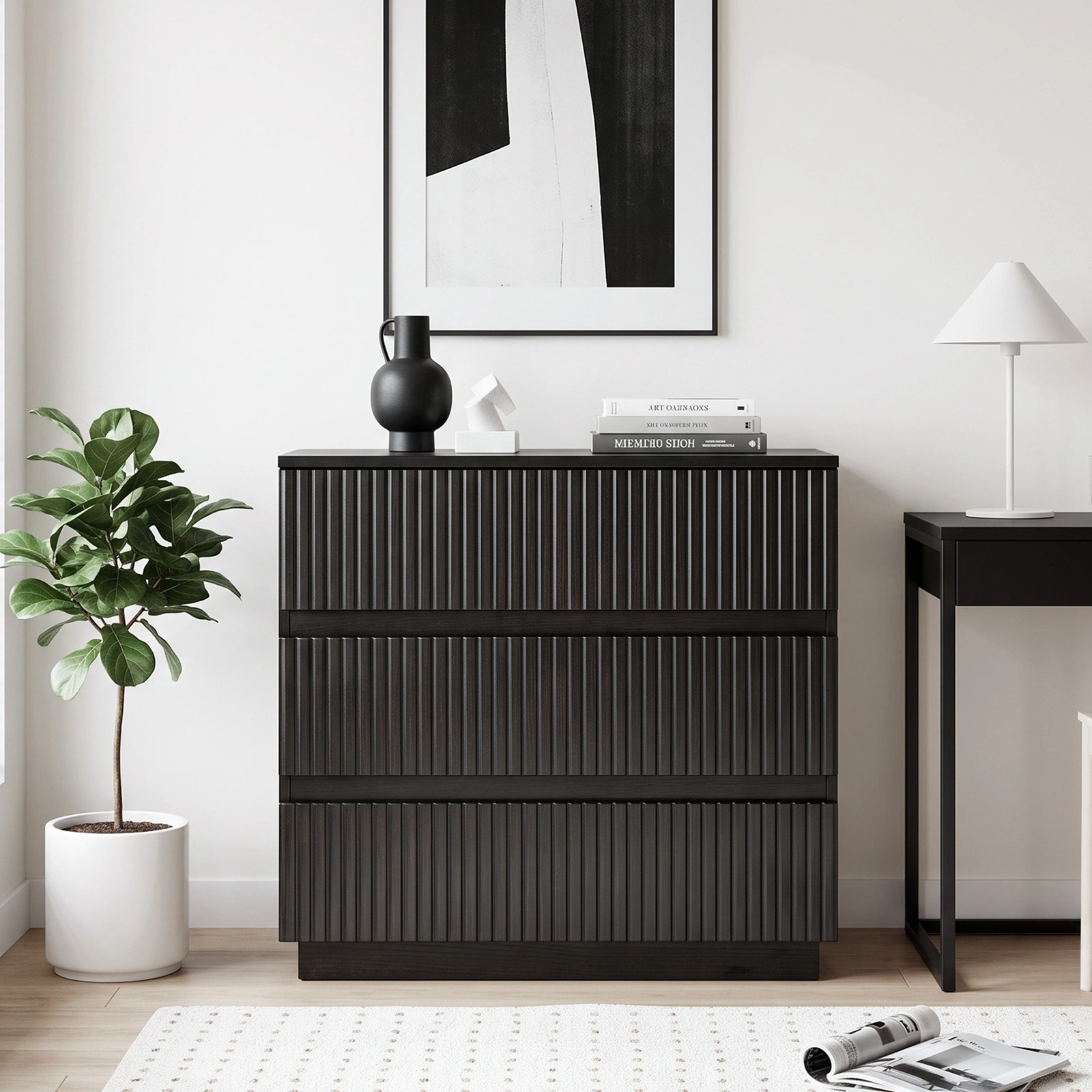 Handleless Grille-Finished 3-Drawer Bedside Table P2 Particleboard + MDF & Melamine Veneer + Thermoformed Drawer Cabinet 23.62*12.99*22.05in Black