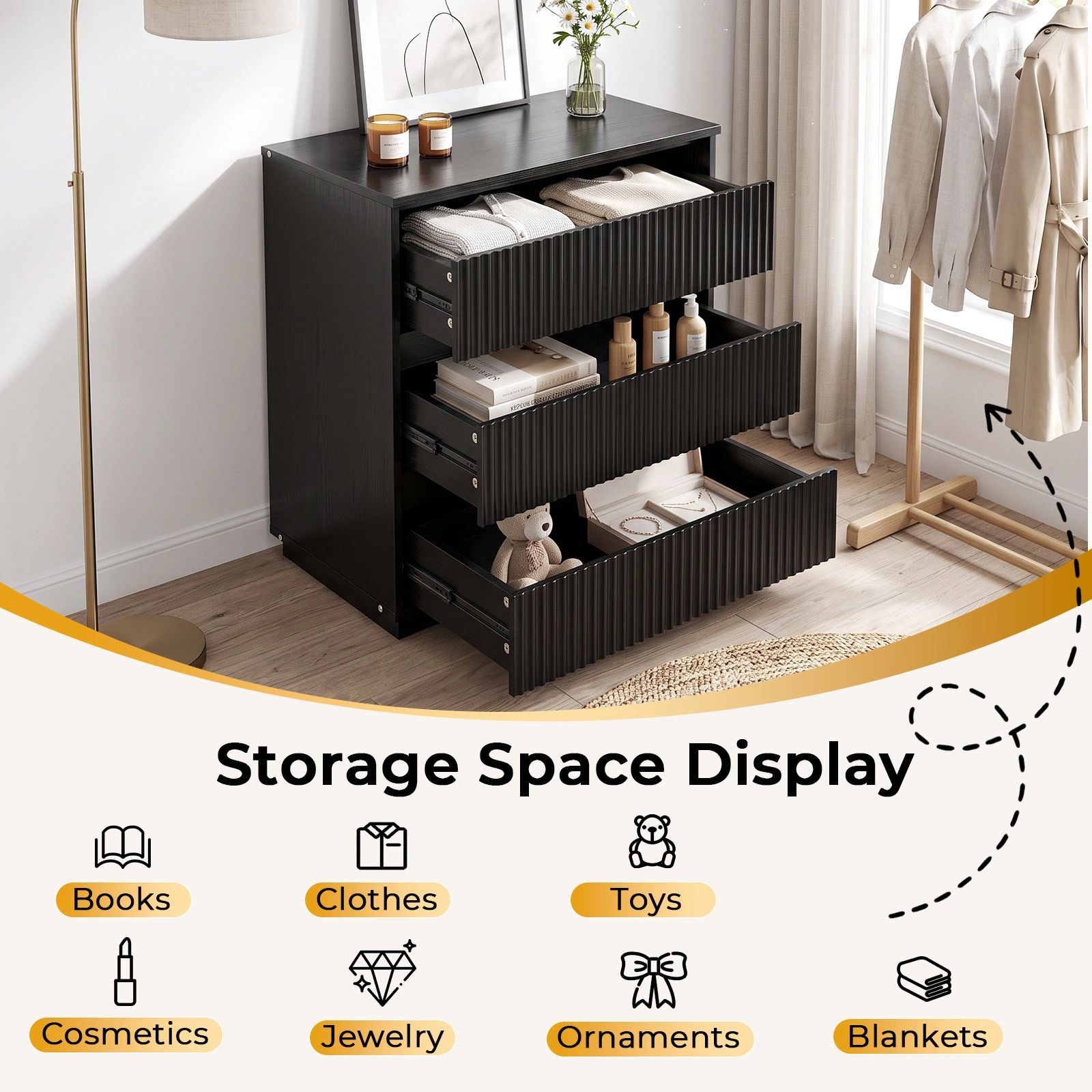 Handleless Grille-Finished 3-Drawer Bedside Table P2 Particleboard + MDF & Melamine Veneer + Thermoformed Drawer Cabinet 23.62*12.99*22.05in Black view 11