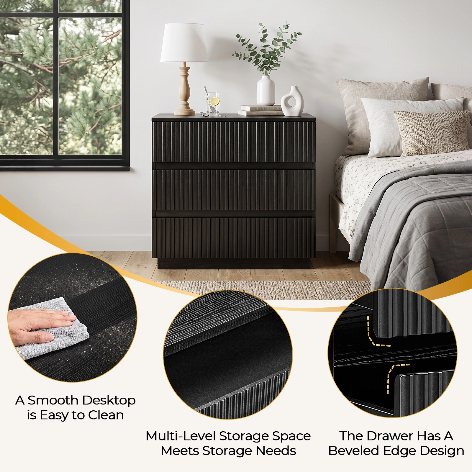Handleless Grille-Finished 3-Drawer Bedside Table P2 Particleboard + MDF & Melamine Veneer + Thermoformed Drawer Cabinet 23.62*12.99*22.05in Black view 12