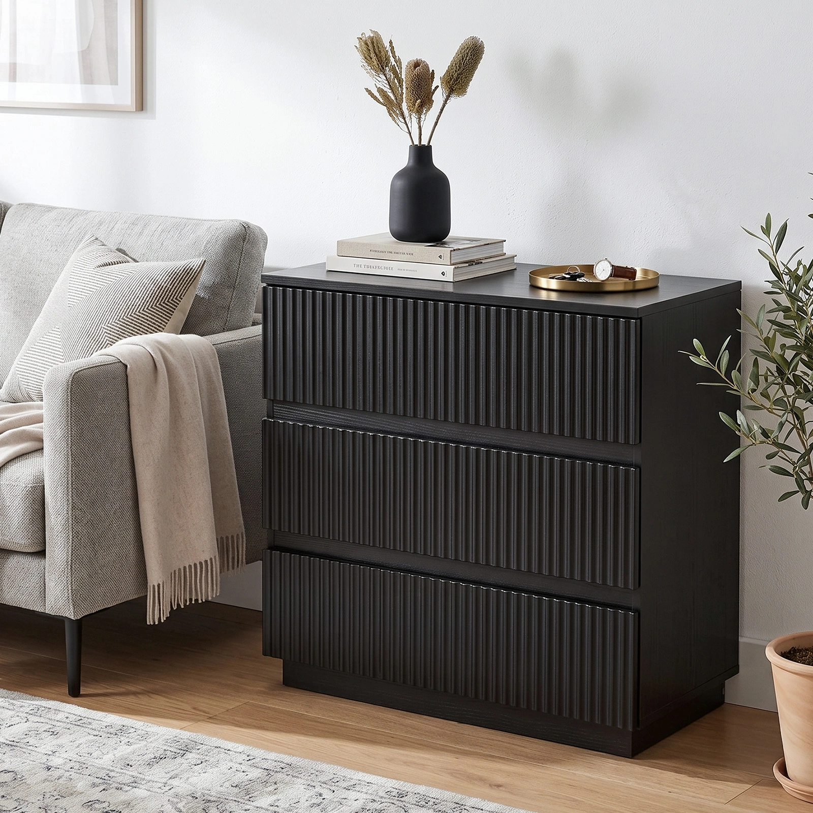 Handleless Grille-Finished 3-Drawer Bedside Table P2 Particleboard + MDF & Melamine Veneer + Thermoformed Drawer Cabinet 23.62*12.99*22.05in Black view 13