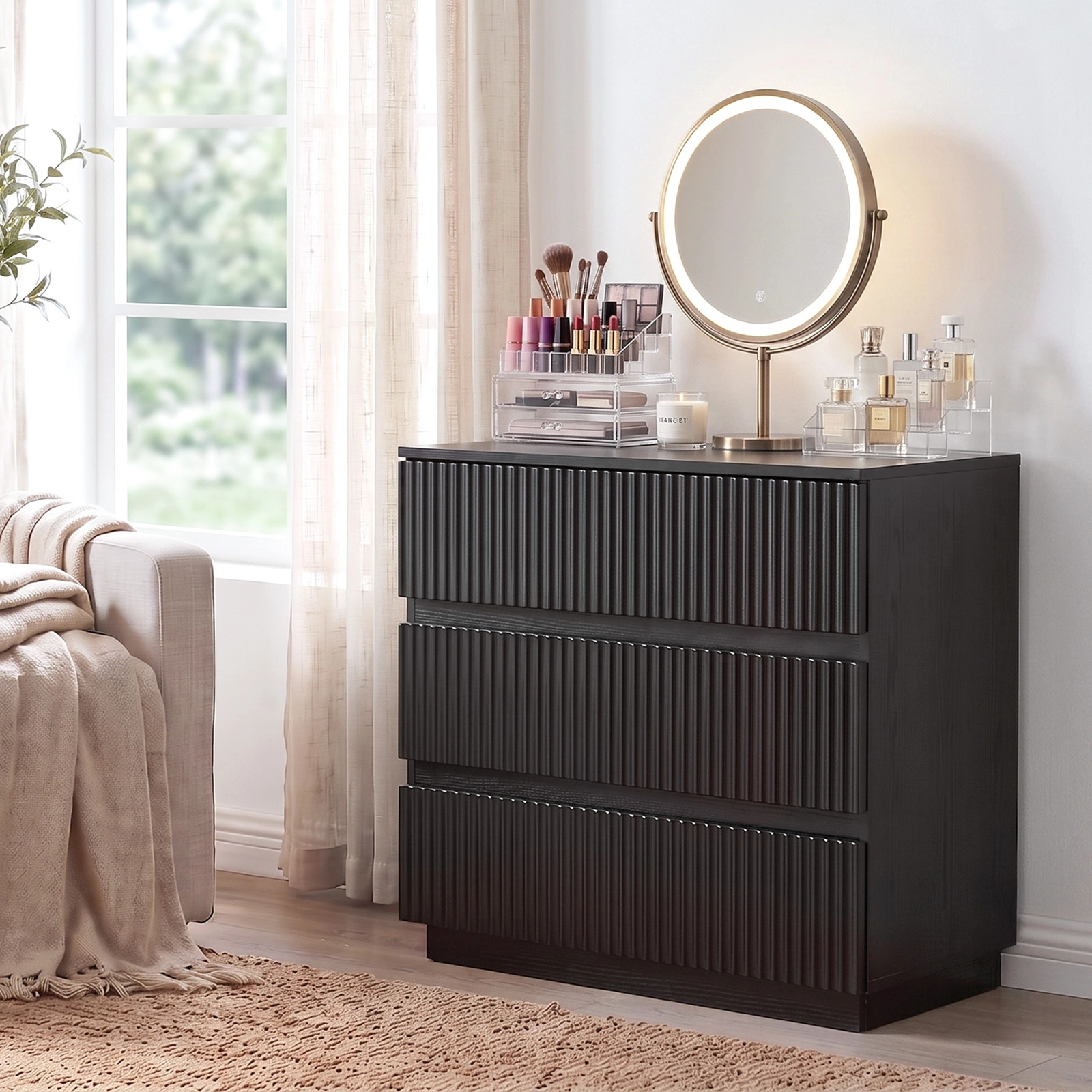 Handleless Grille-Finished 3-Drawer Bedside Table P2 Particleboard + MDF & Melamine Veneer + Thermoformed Drawer Cabinet 23.62*12.99*22.05in Black view 14
