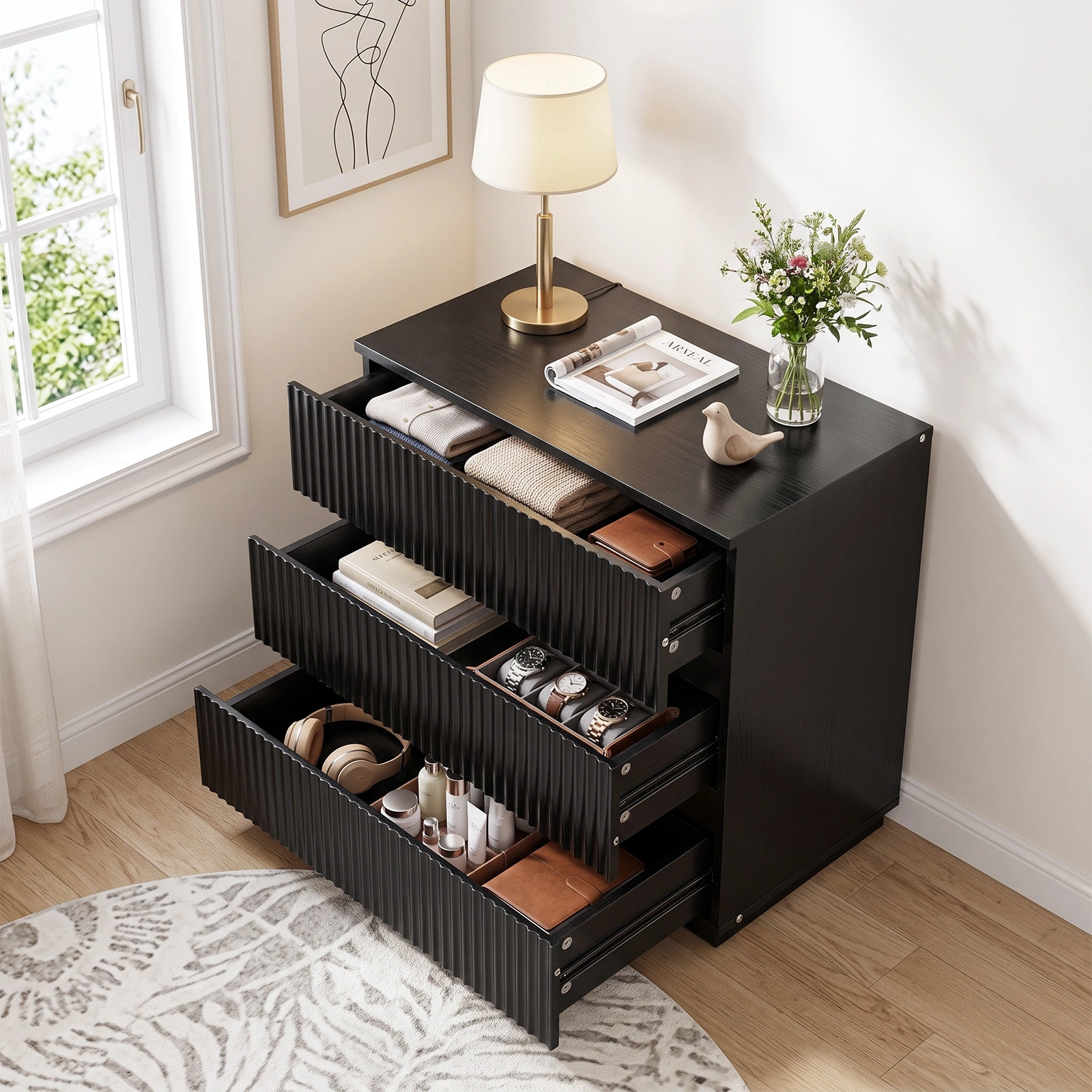Handleless Grille-Finished 3-Drawer Bedside Table P2 Particleboard + MDF & Melamine Veneer + Thermoformed Drawer Cabinet 23.62*12.99*22.05in Black view 15