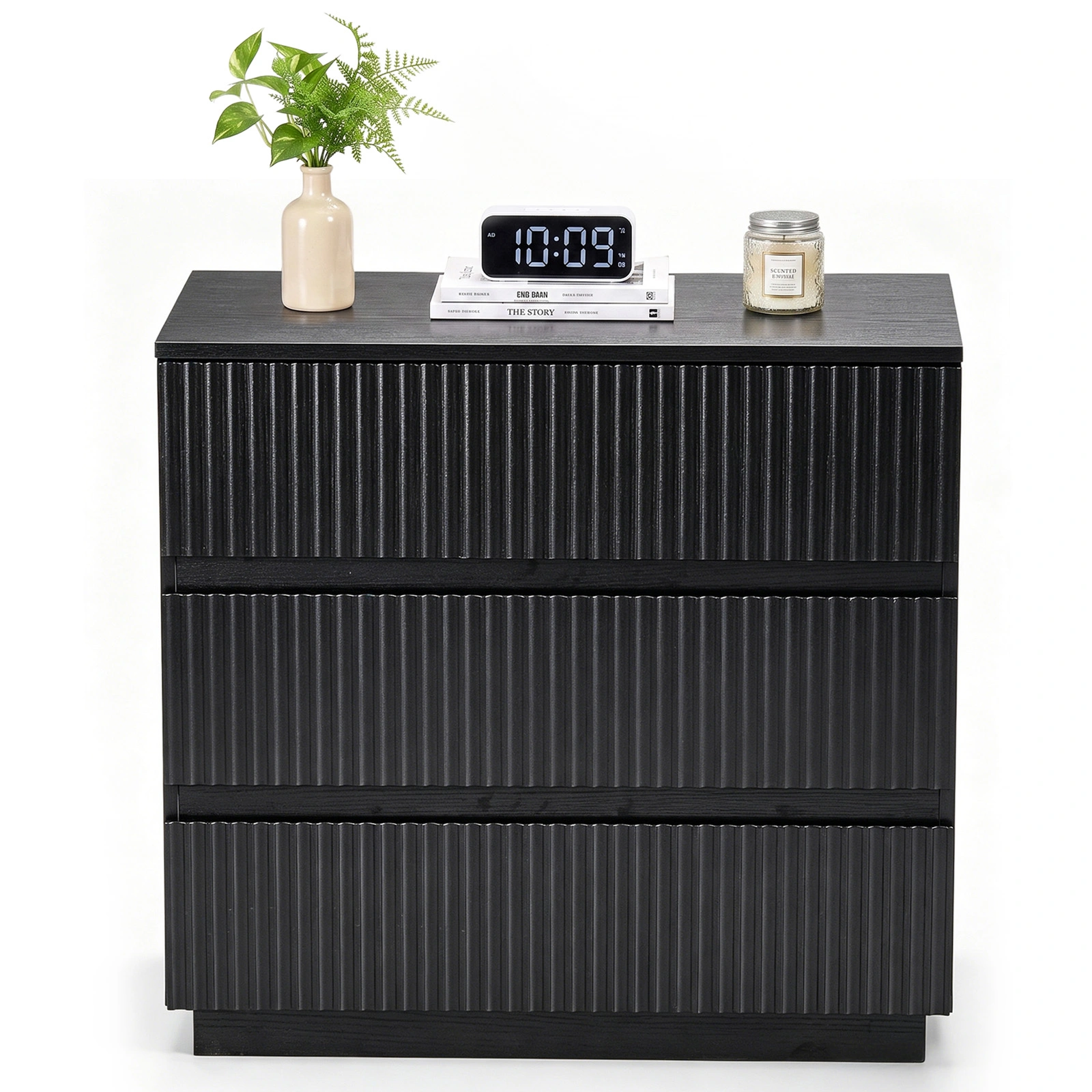 Handleless Grille-Finished 3-Drawer Bedside Table P2 Particleboard + MDF & Melamine Veneer + Thermoformed Drawer Cabinet 23.62*12.99*22.05in Black view 2