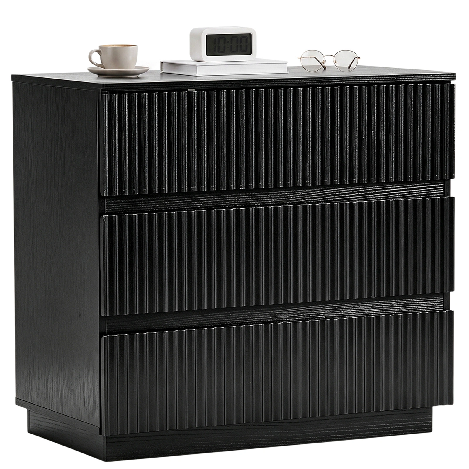 Handleless Grille-Finished 3-Drawer Bedside Table P2 Particleboard + MDF & Melamine Veneer + Thermoformed Drawer Cabinet 23.62*12.99*22.05in Black view 3