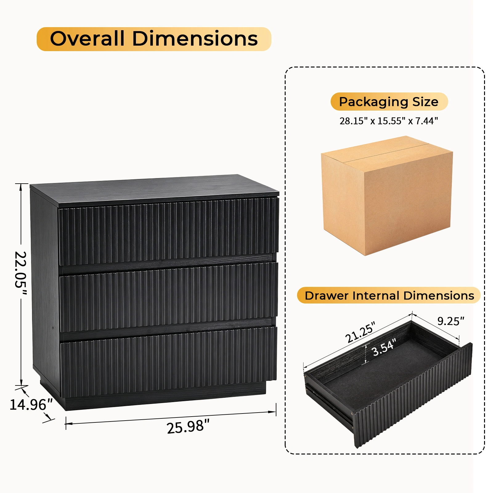 Handleless Grille-Finished 3-Drawer Bedside Table P2 Particleboard + MDF & Melamine Veneer + Thermoformed Drawer Cabinet 23.62*12.99*22.05in Black view 5