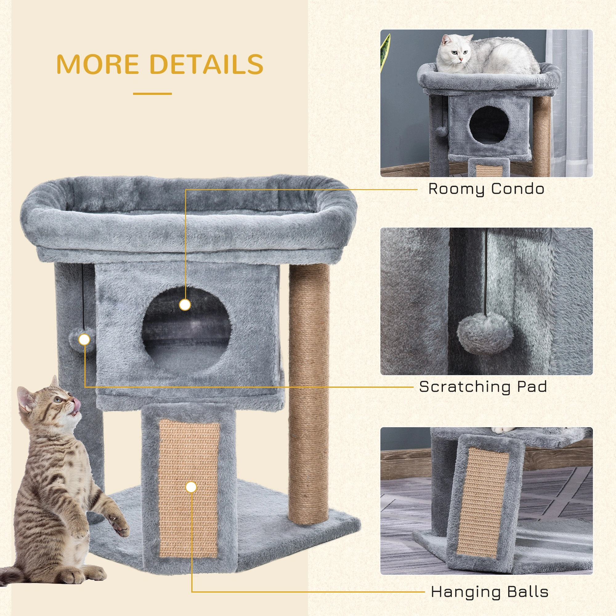 Multi-Level Cat Tree Tower with Scratching Posts, Condo Playhouse for Kittens & Cats, Cozy Perches, Plush Cushions, Sisal Rope view 2