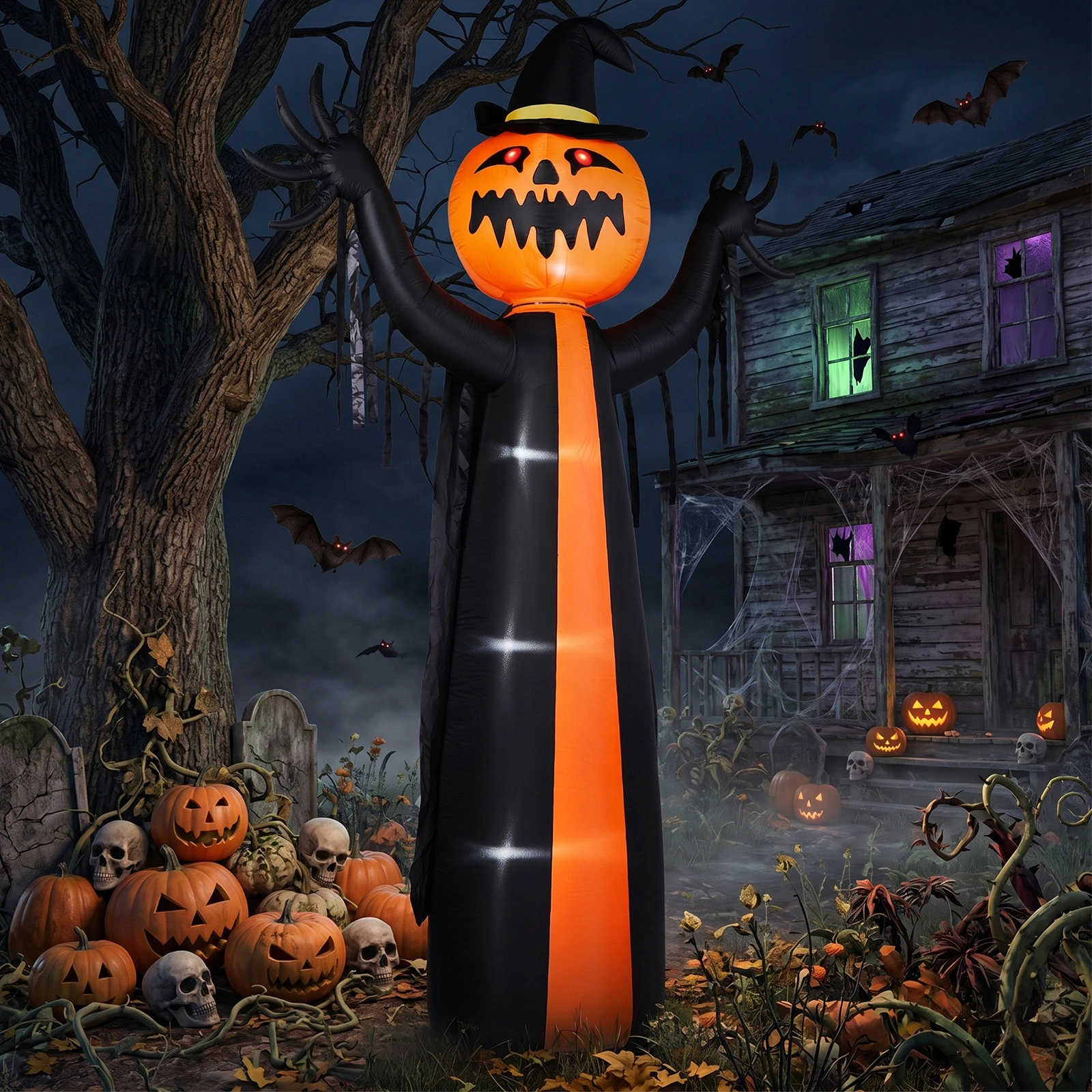 10ft Inflatable Halloween Decor with Rotatable Head Pumpkin Ghost in Cape, 6 Built-in LED Lights, Black & Orange, 12V 2000mA US Power Adapter view 10