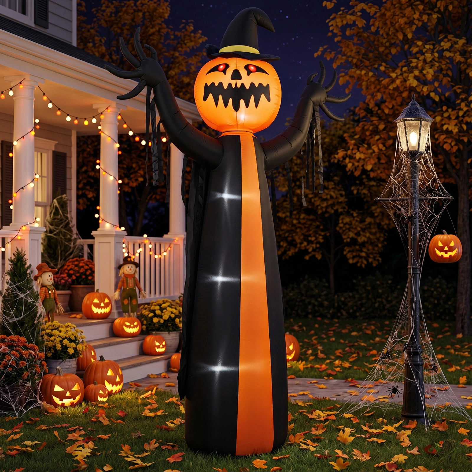 10ft Inflatable Halloween Decor with Rotatable Head Pumpkin Ghost in Cape, 6 Built-in LED Lights, Black & Orange, 12V 2000mA US Power Adapter view 12