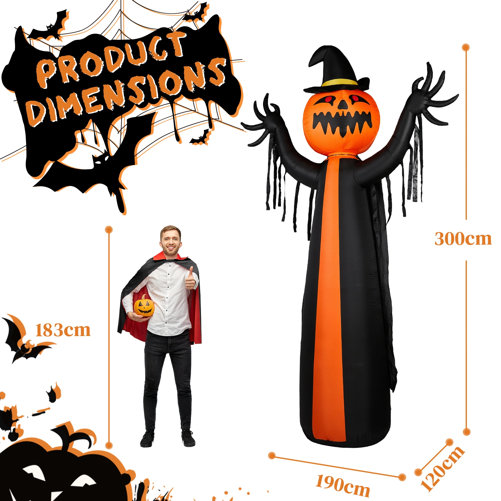 10ft Inflatable Halloween Decor with Rotatable Head Pumpkin Ghost in Cape, 6 Built-in LED Lights, Black & Orange, 12V 2000mA US Power Adapter view 5