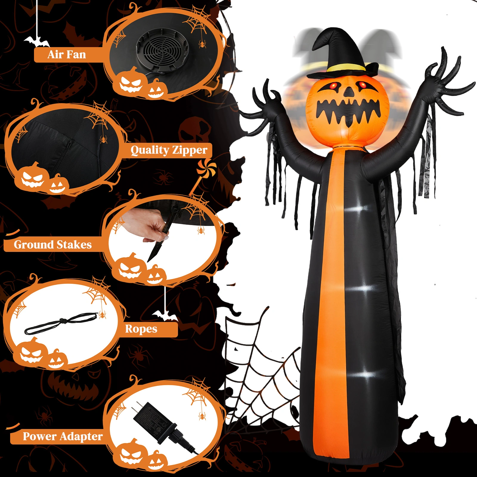 10ft Inflatable Halloween Decor with Rotatable Head Pumpkin Ghost in Cape, 6 Built-in LED Lights, Black & Orange, 12V 2000mA US Power Adapter view 7