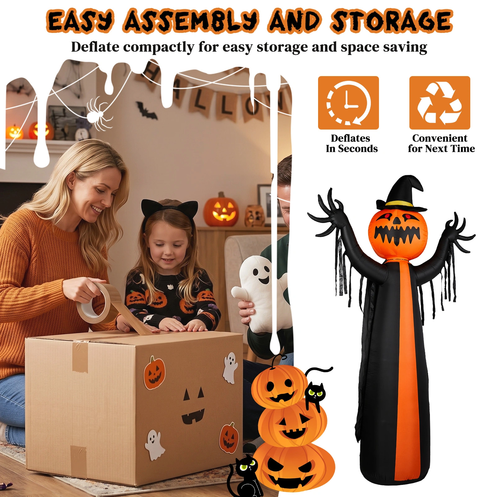 10ft Inflatable Halloween Decor with Rotatable Head Pumpkin Ghost in Cape, 6 Built-in LED Lights, Black & Orange, 12V 2000mA US Power Adapter view 8