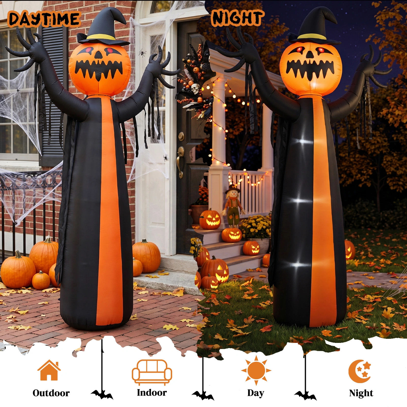 10ft Inflatable Halloween Decor with Rotatable Head Pumpkin Ghost in Cape, 6 Built-in LED Lights, Black & Orange, 12V 2000mA US Power Adapter view 9