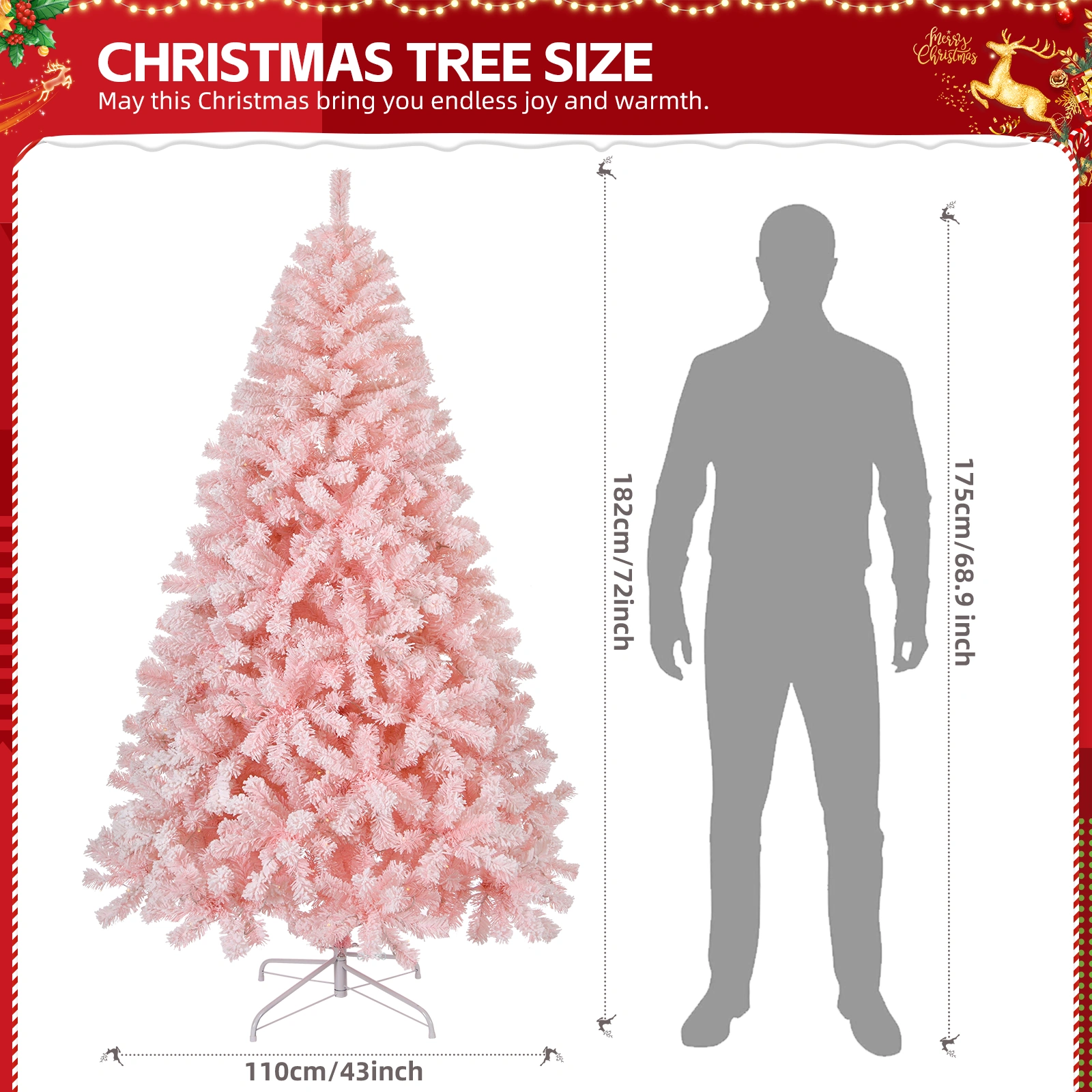 6ft Artificial Christmas Tree with 100 Warm White Battery Lights, 750 Branch Tips, Sturdy Metal Stand, Pre-Lit Pink view 2