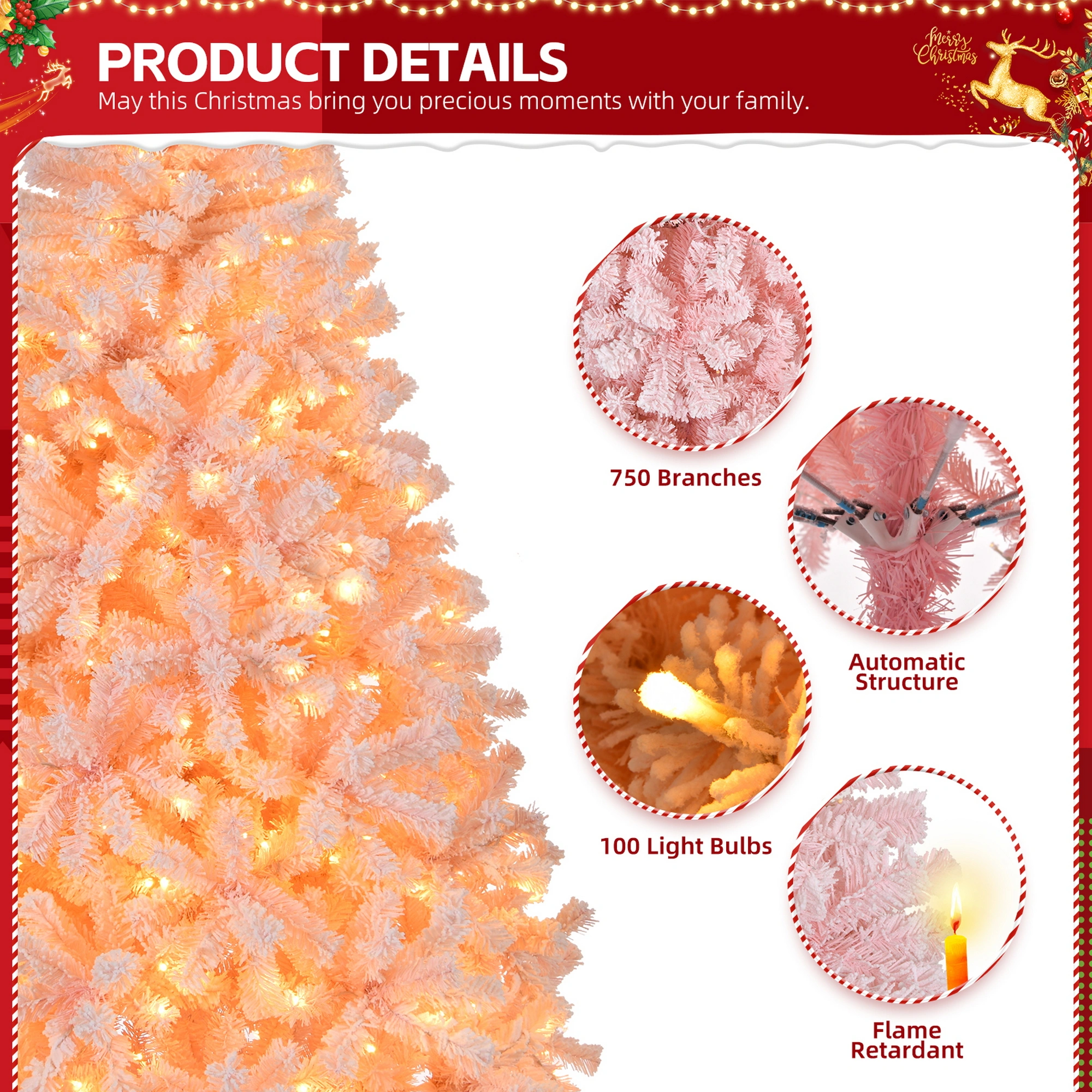 6ft Artificial Christmas Tree with 100 Warm White Battery Lights, 750 Branch Tips, Sturdy Metal Stand, Pre-Lit Pink view 3