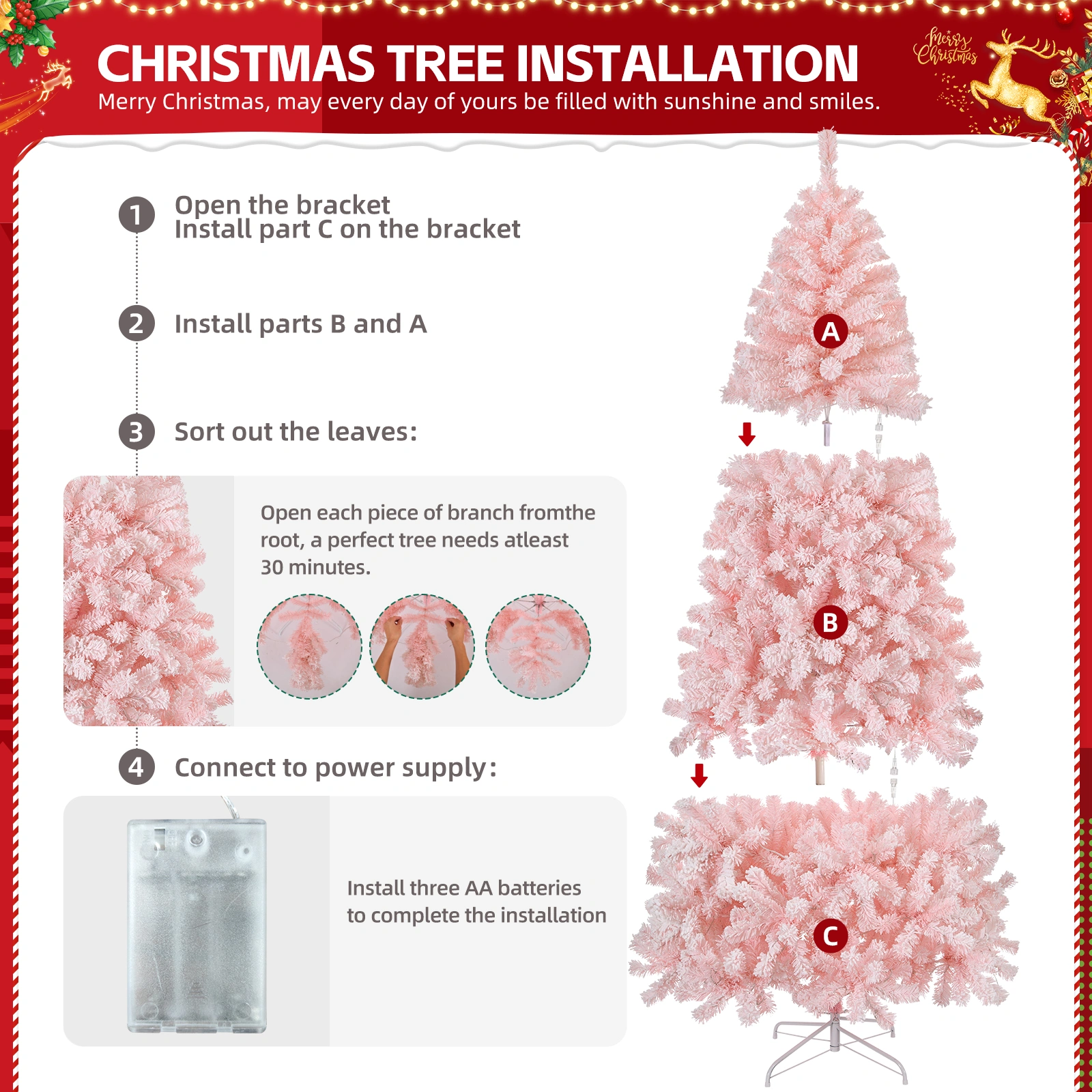 6ft Artificial Christmas Tree with 100 Warm White Battery Lights, 750 Branch Tips, Sturdy Metal Stand, Pre-Lit Pink view 4
