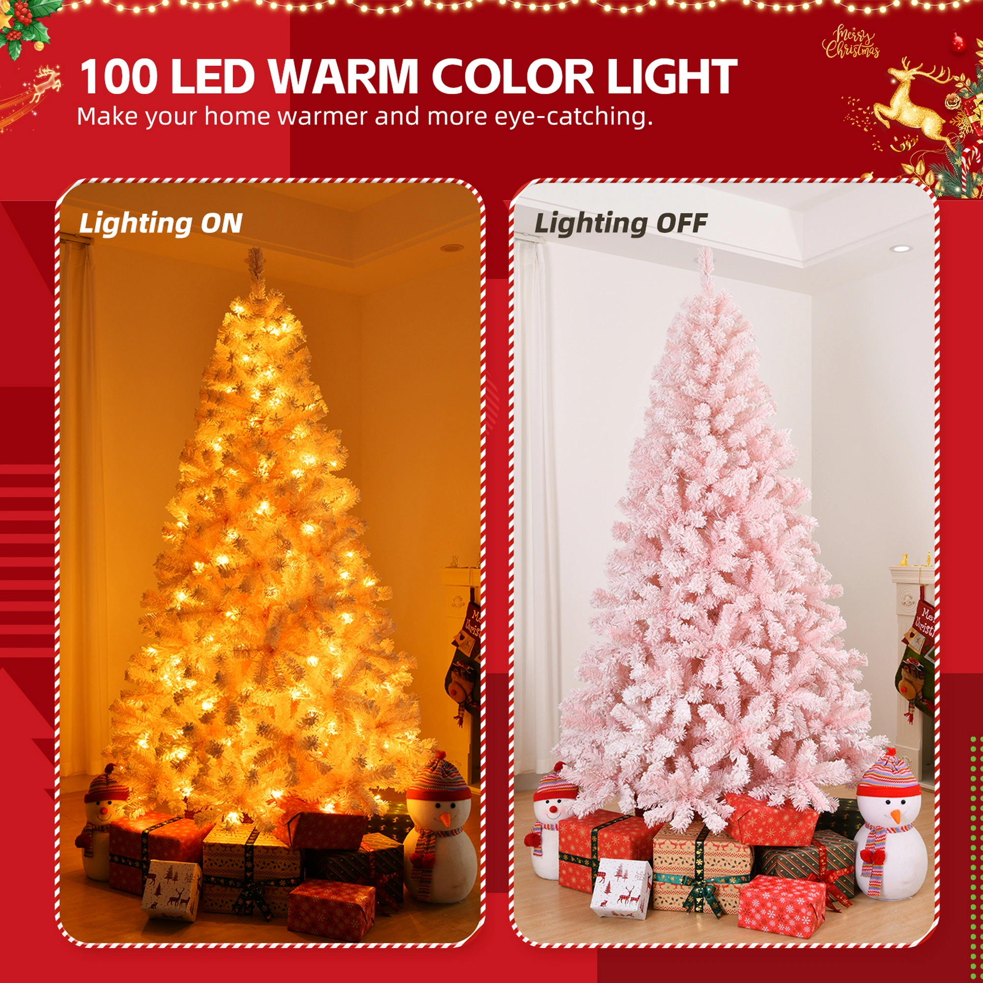 6ft Artificial Christmas Tree with 100 Warm White Battery Lights, 750 Branch Tips, Sturdy Metal Stand, Pre-Lit Pink view 6