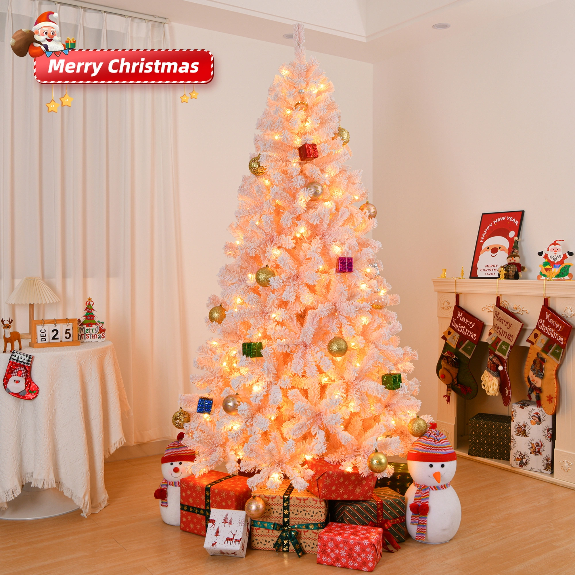6ft Artificial Christmas Tree with 100 Warm White Battery Lights, 750 Branch Tips, Sturdy Metal Stand, Pre-Lit Pink view 7