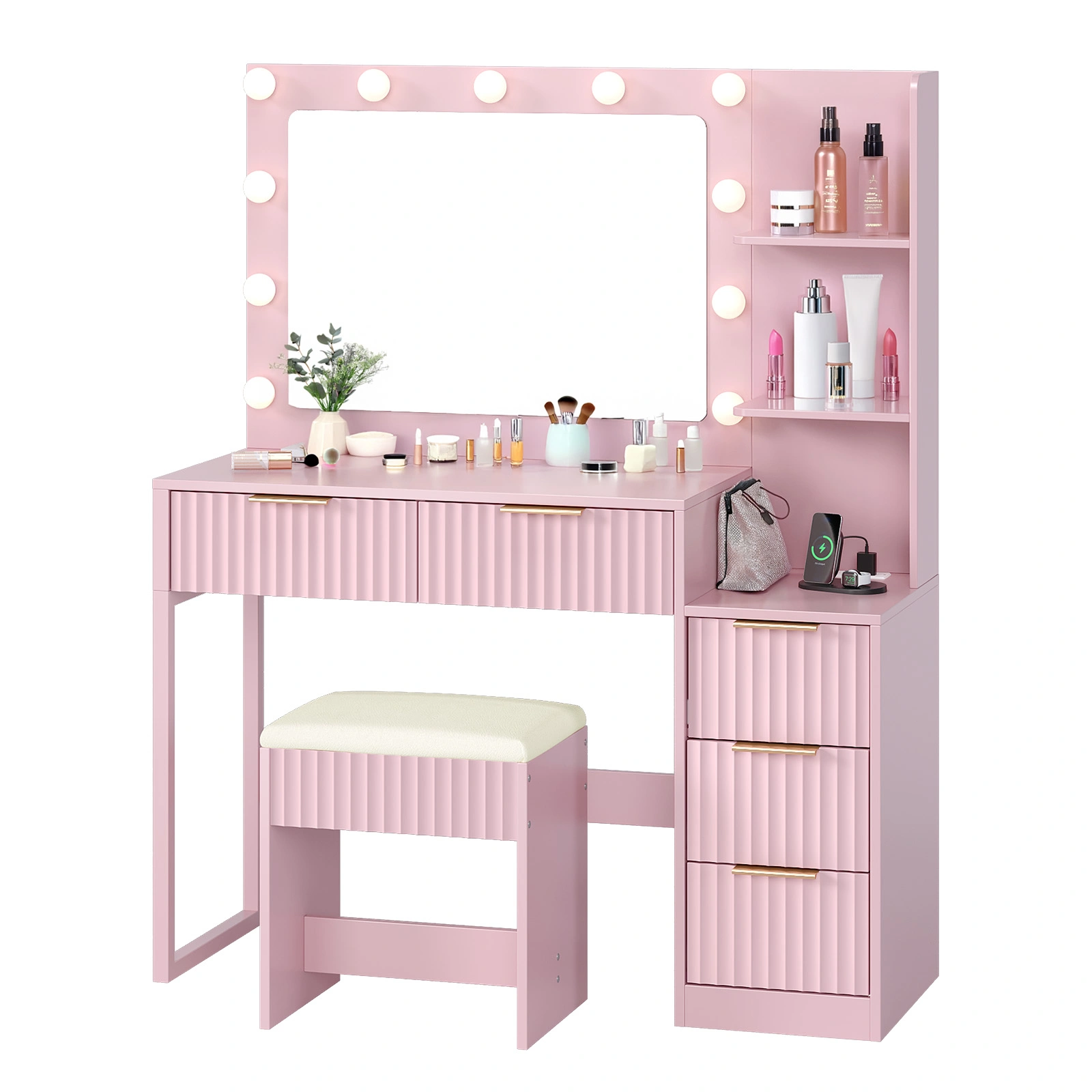 Pink particleboard with a melamine finish, 5-drawer, 2-tiered dressing table set with 11 three-tone light bulbs, power strip, and grille. view 5