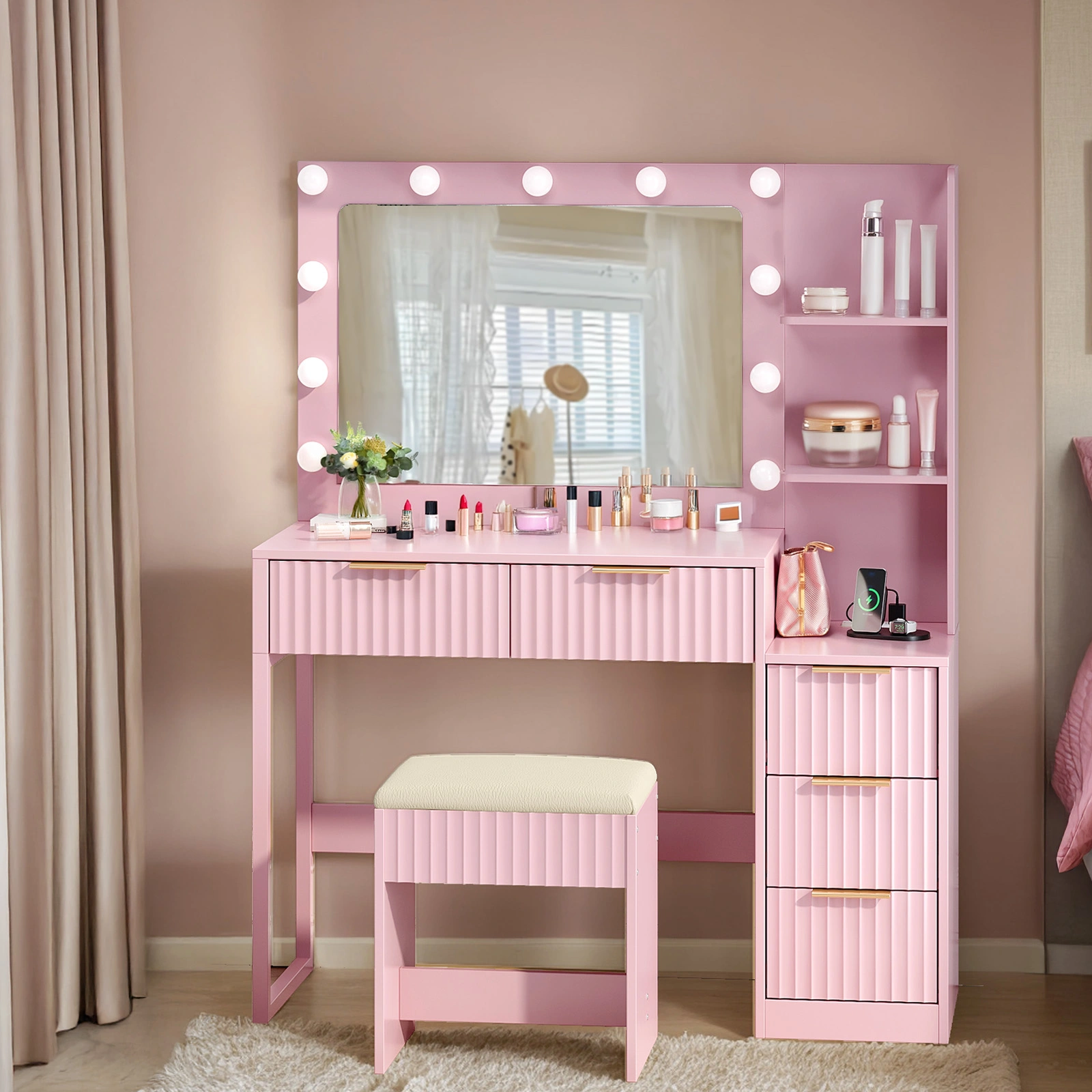 Pink particleboard with a melamine finish, 5-drawer, 2-tiered dressing table set with 11 three-tone light bulbs, power strip, and grille. view 6