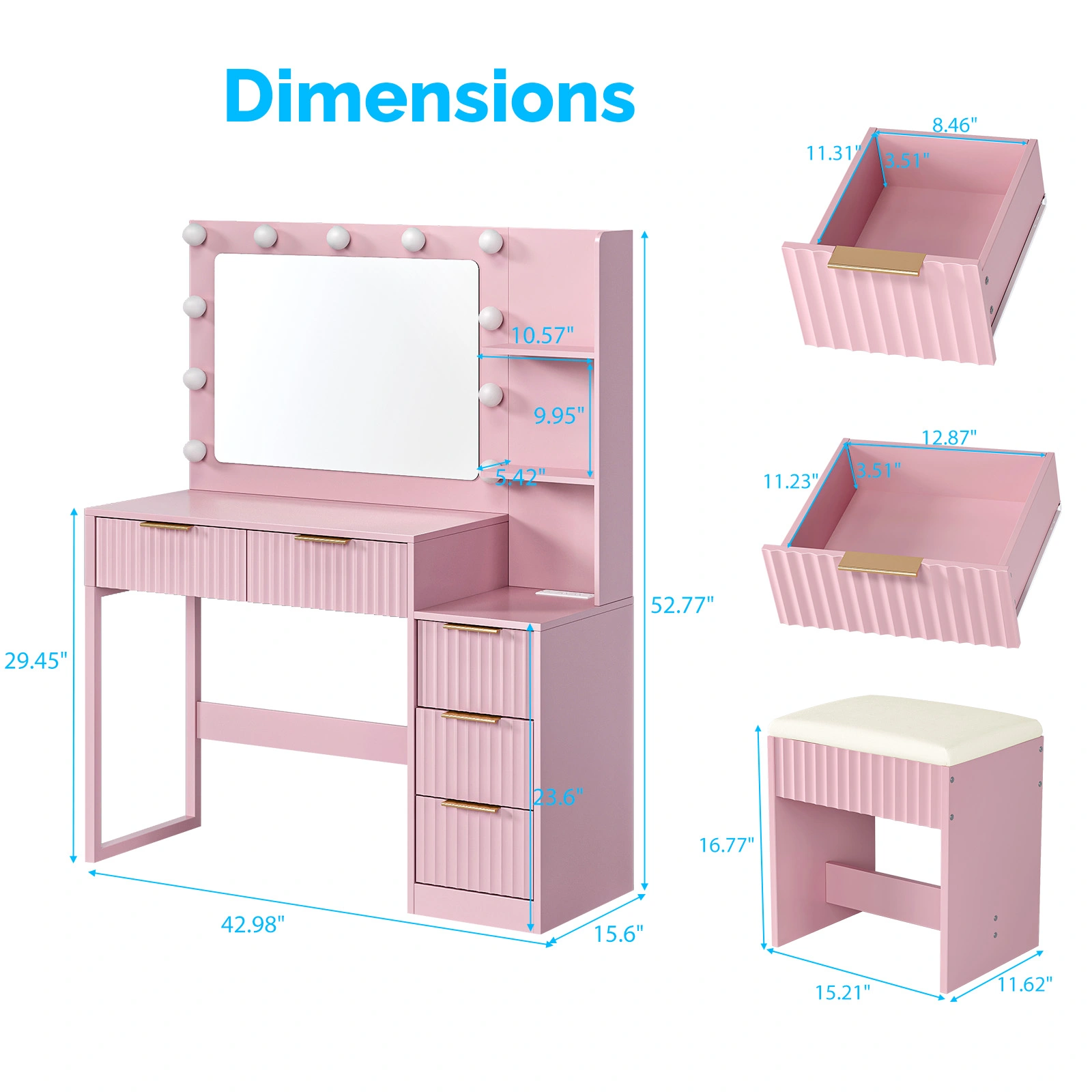 Pink particleboard with a melamine finish, 5-drawer, 2-tiered dressing table set with 11 three-tone light bulbs, power strip, and grille. view 7