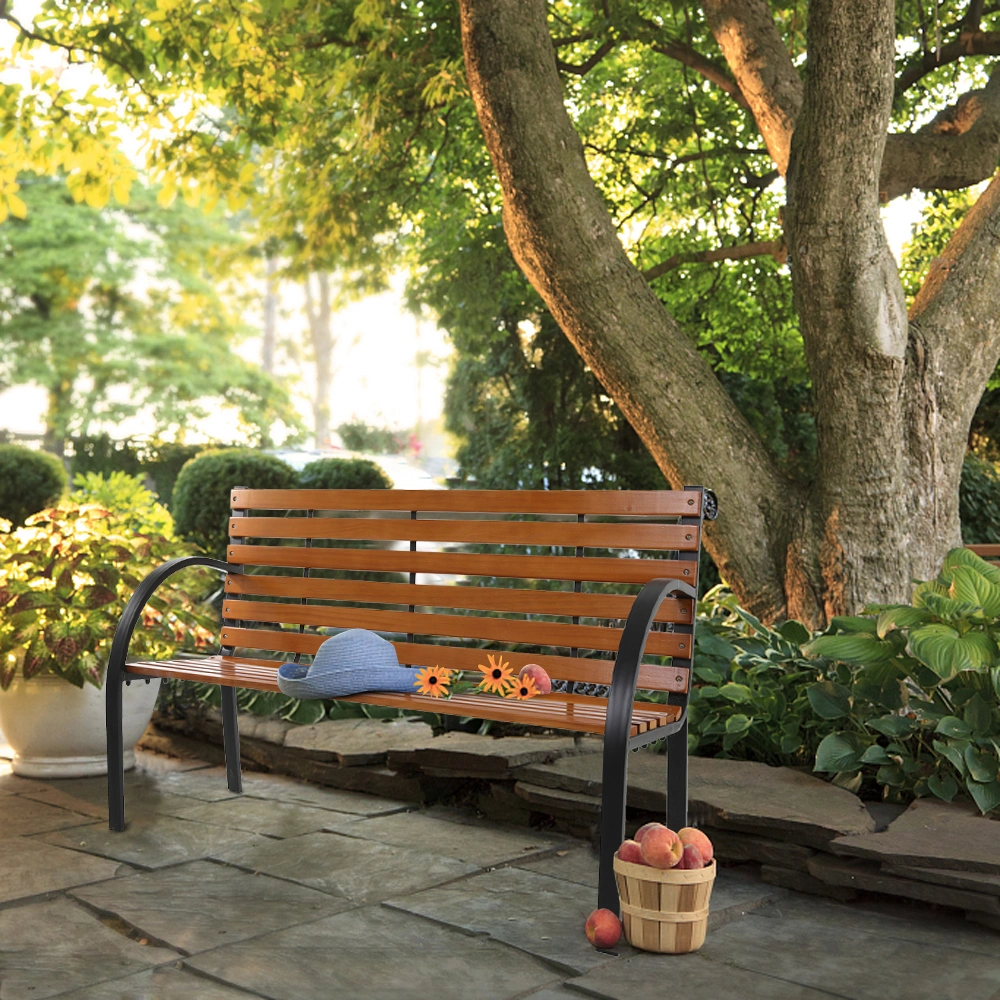 48" Hardwood Slotted Steel Cast Iron Frame Outdoor Patio Garden Bench Park Seat view 13