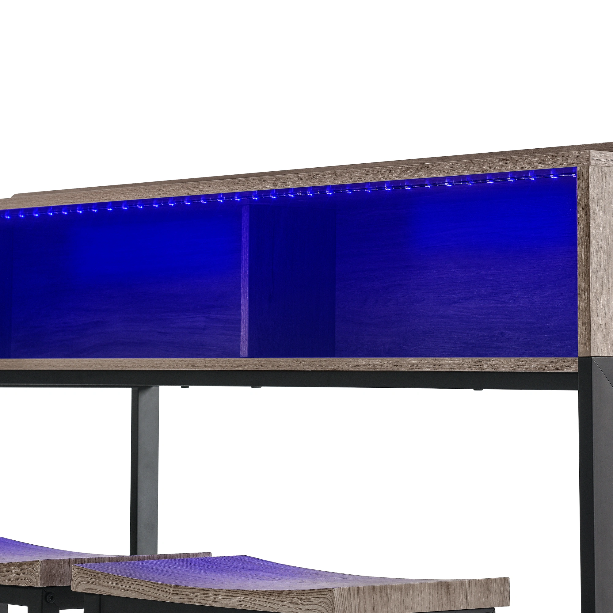 59 Inch Bar Table Set with Power Outlet & LED Light, 3 Saddle Stools, 4-Piece Dining Sofa Table with Charging Station for Living Room Kitchen view 10