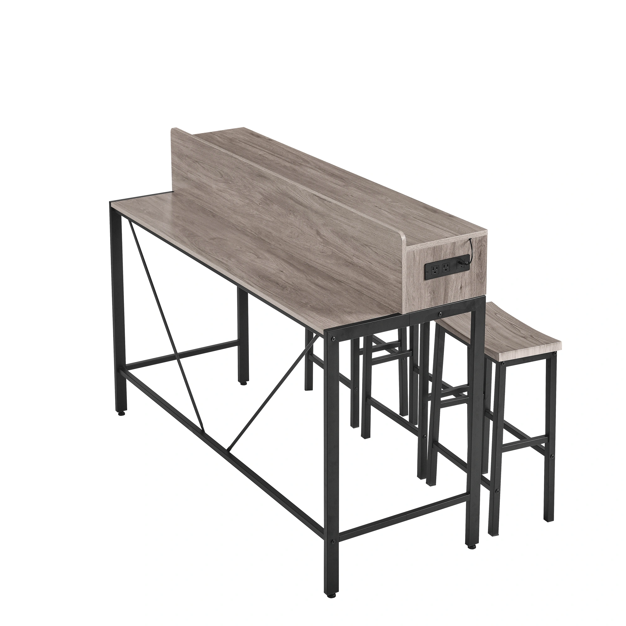 59 Inch Bar Table Set with Power Outlet & LED Light, 3 Saddle Stools, 4-Piece Dining Sofa Table with Charging Station for Living Room Kitchen view 8
