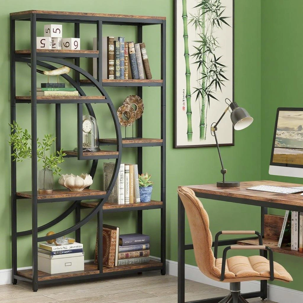 White Bookshelf Storage Cabinet, 5-Tier Open Shelving Unit with Bottom Cabinet, Wood Bookcase for Living Room Bedroom view 4