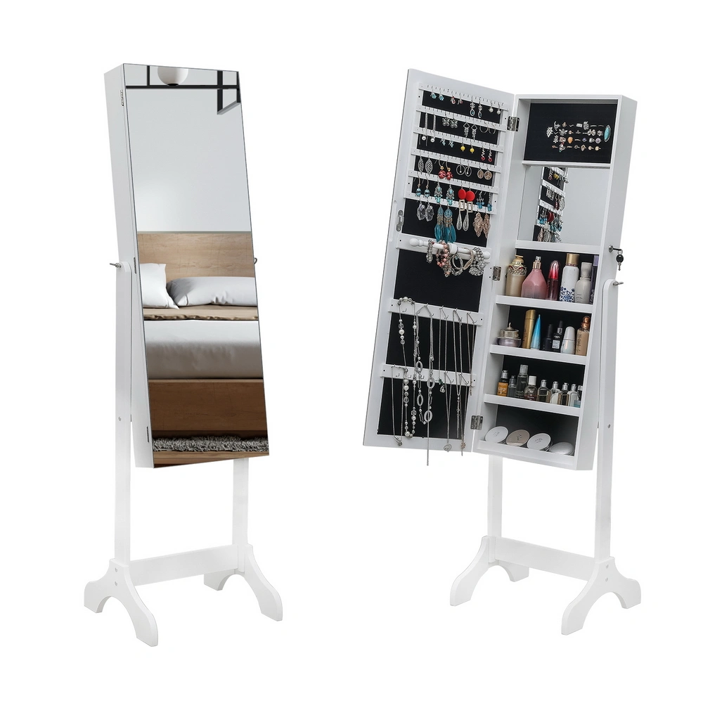 White Wooden Floor Standing Jewelry Mirror Cabinet, 4-Tier Shelf, Full Mirror with Inner Mirror, Adjustable Storage Armoire