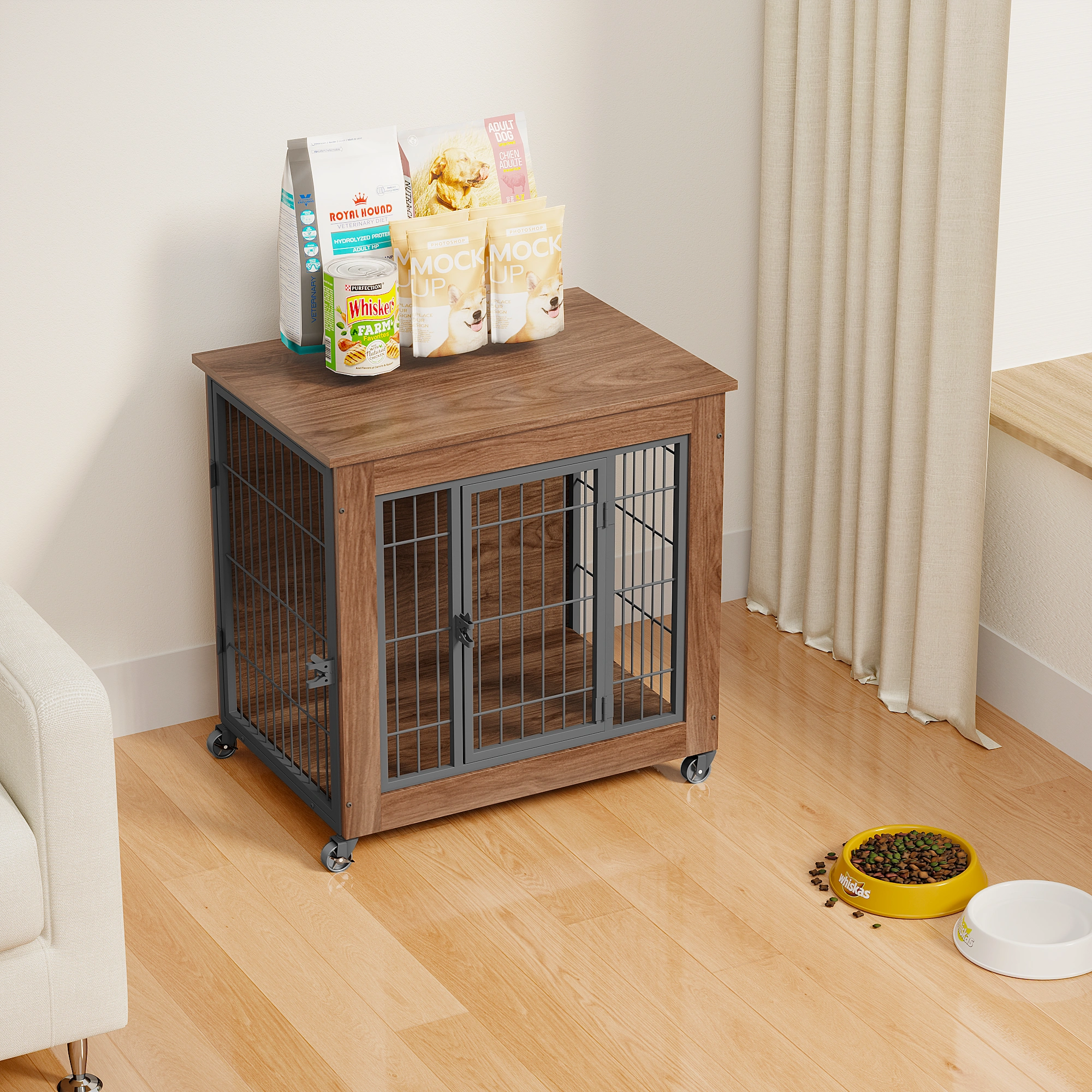 27.2" Dog Crate Furniture with Wheels for Small Dogs, Heavy Duty Dog Kennel Indoor with 2 Doors, Wooden Pet Cage End Table, Double-Doors Sturdy Metal Dog Cage for Anxiety Dog view 11