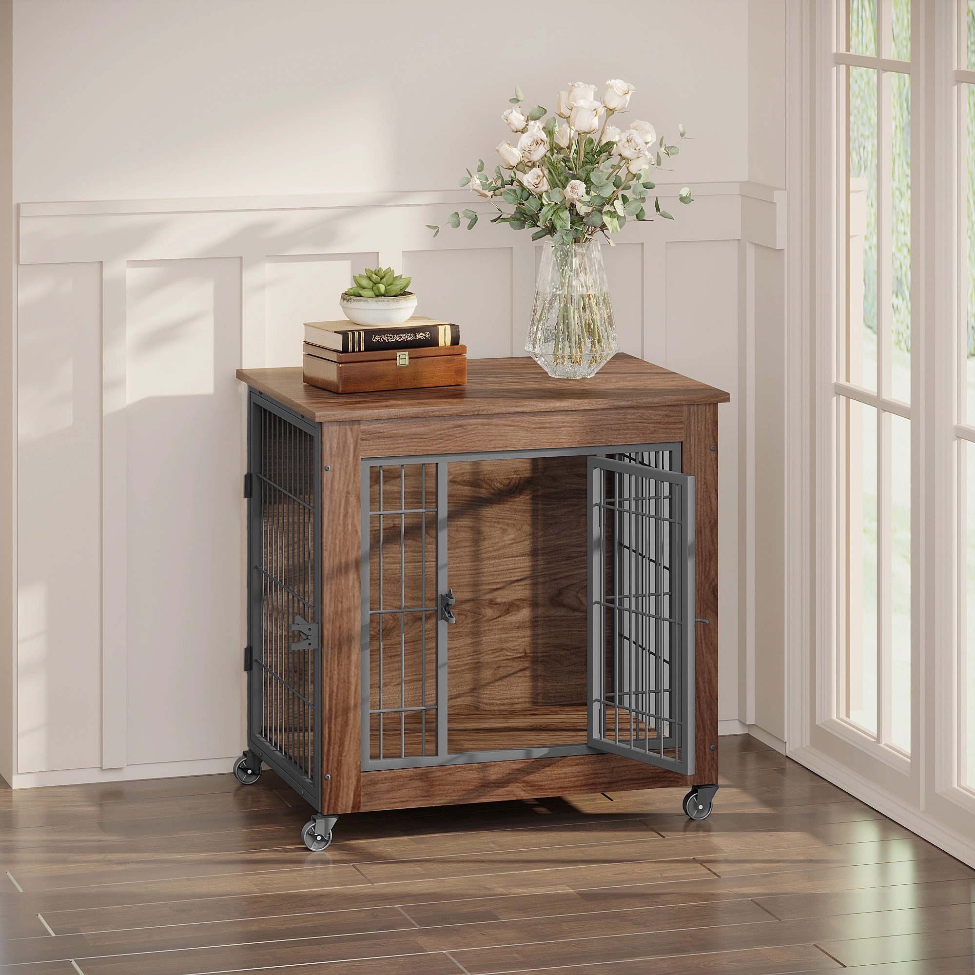 27.2" Dog Crate Furniture with Wheels for Small Dogs, Heavy Duty Dog Kennel Indoor with 2 Doors, Wooden Pet Cage End Table, Double-Doors Sturdy Metal Dog Cage for Anxiety Dog view 12