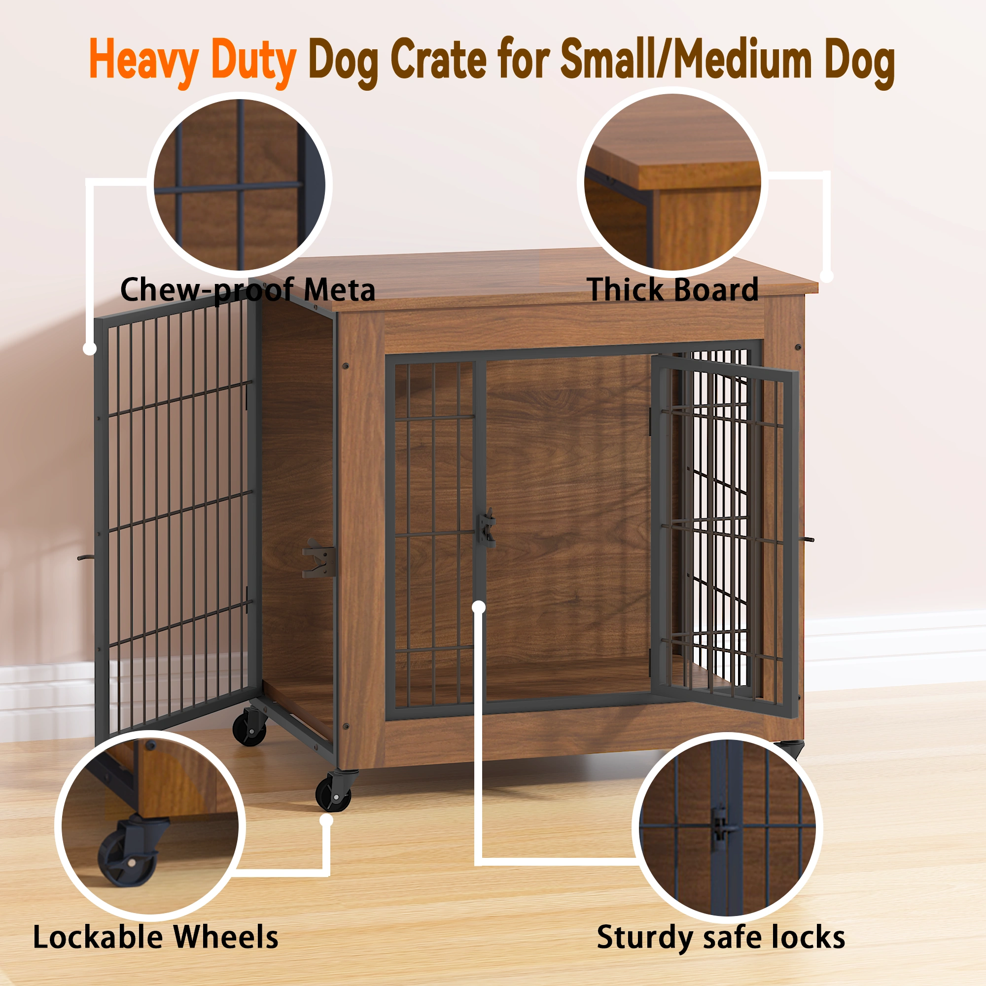 27.2" Dog Crate Furniture with Wheels for Small Dogs, Heavy Duty Dog Kennel Indoor with 2 Doors, Wooden Pet Cage End Table, Double-Doors Sturdy Metal Dog Cage for Anxiety Dog view 13
