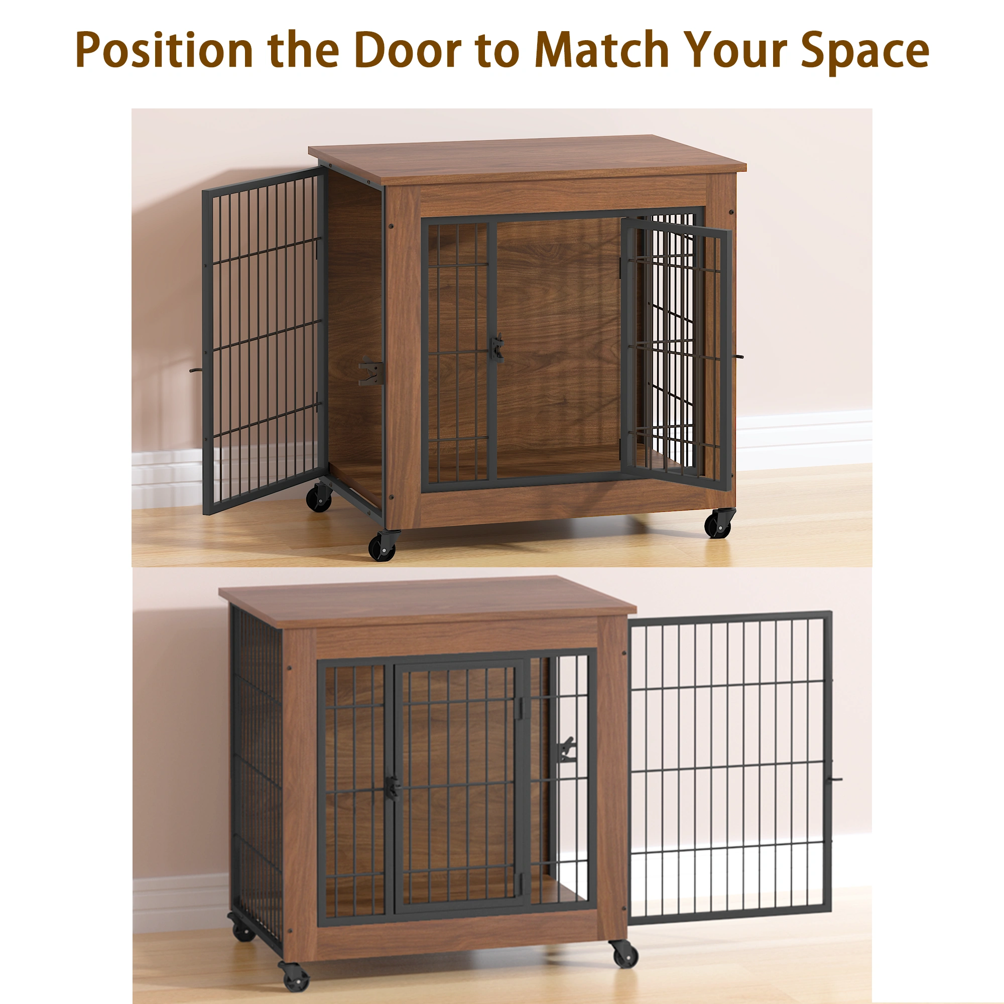 27.2" Dog Crate Furniture with Wheels for Small Dogs, Heavy Duty Dog Kennel Indoor with 2 Doors, Wooden Pet Cage End Table, Double-Doors Sturdy Metal Dog Cage for Anxiety Dog view 14