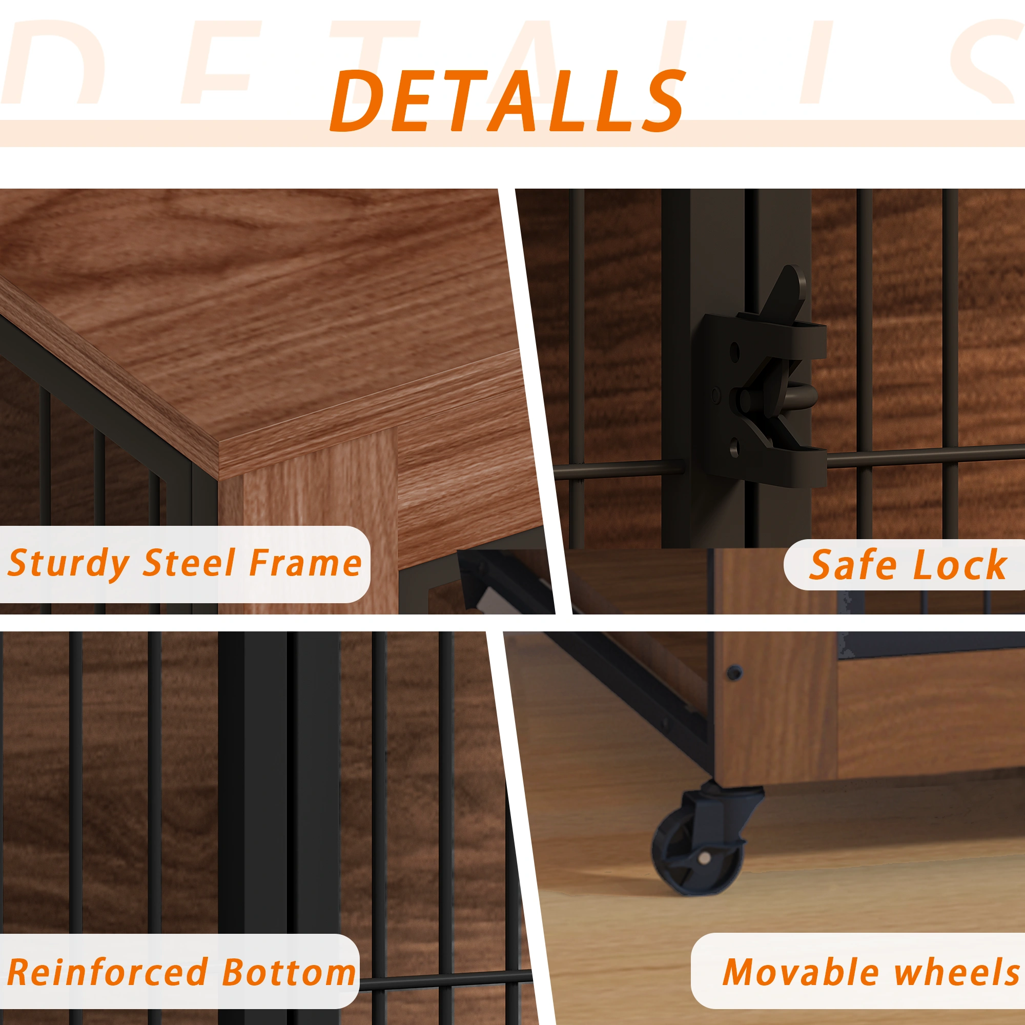 27.2" Dog Crate Furniture with Wheels for Small Dogs, Heavy Duty Dog Kennel Indoor with 2 Doors, Wooden Pet Cage End Table, Double-Doors Sturdy Metal Dog Cage for Anxiety Dog view 16