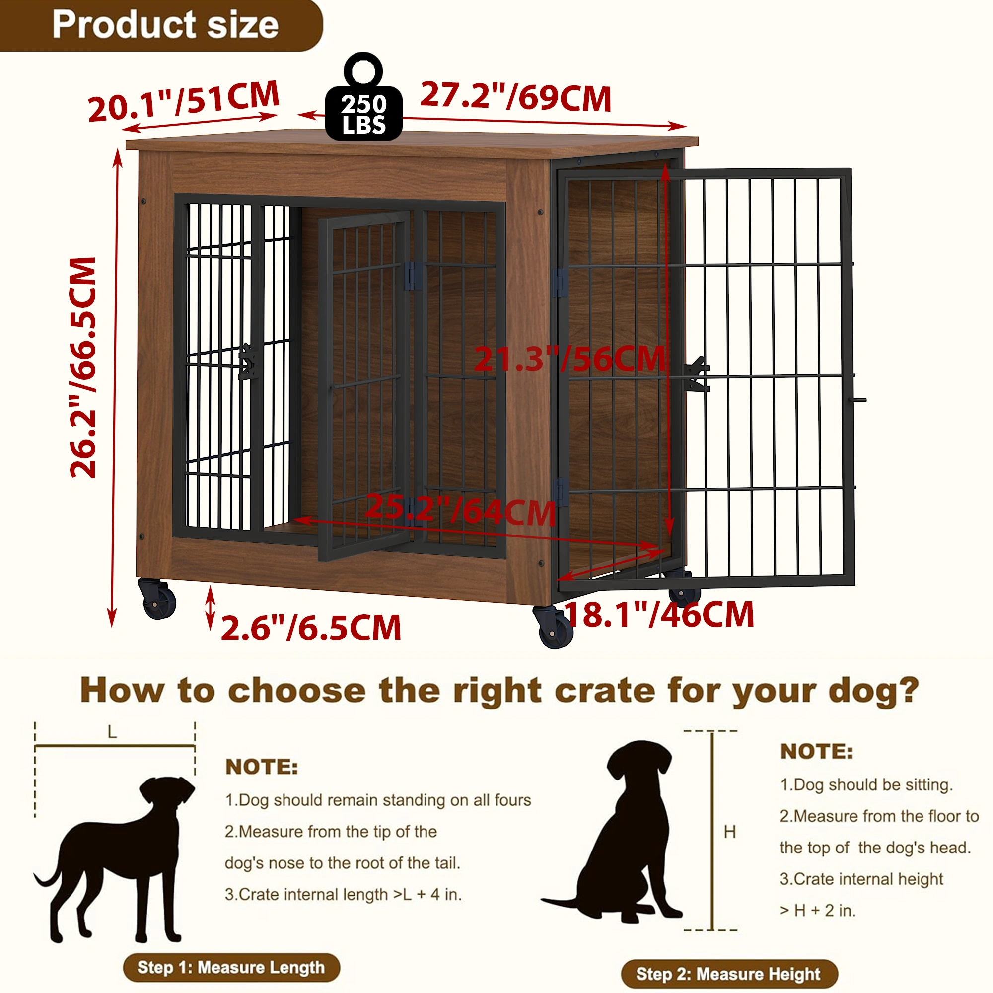 27.2" Dog Crate Furniture with Wheels for Small Dogs, Heavy Duty Dog Kennel Indoor with 2 Doors, Wooden Pet Cage End Table, Double-Doors Sturdy Metal Dog Cage for Anxiety Dog view 17