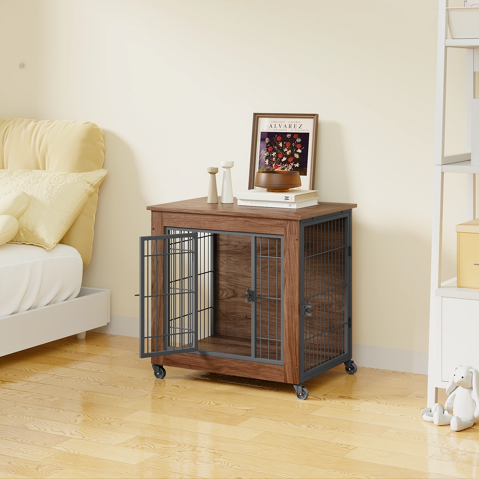 27.2" Dog Crate Furniture with Wheels for Small Dogs, Heavy Duty Dog Kennel Indoor with 2 Doors, Wooden Pet Cage End Table, Double-Doors Sturdy Metal Dog Cage for Anxiety Dog view 2