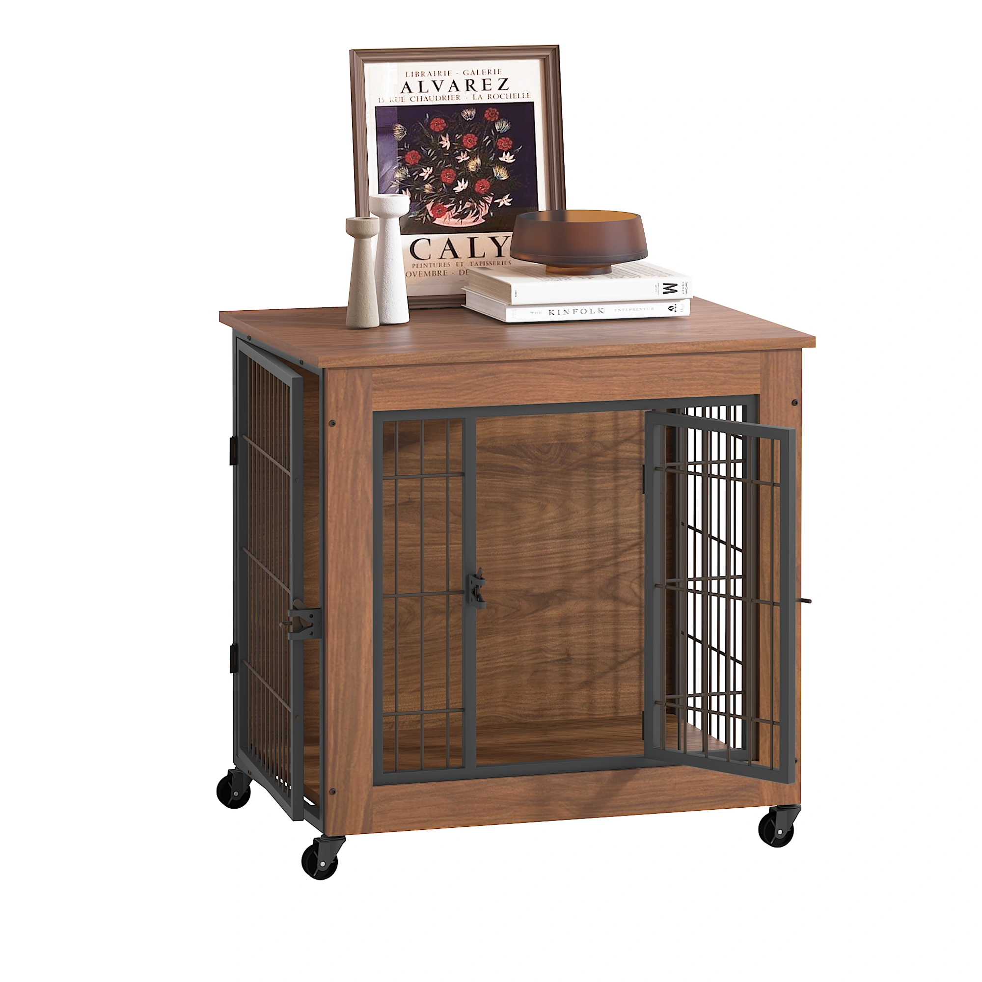 27.2" Dog Crate Furniture with Wheels for Small Dogs, Heavy Duty Dog Kennel Indoor with 2 Doors, Wooden Pet Cage End Table, Double-Doors Sturdy Metal Dog Cage for Anxiety Dog view 20