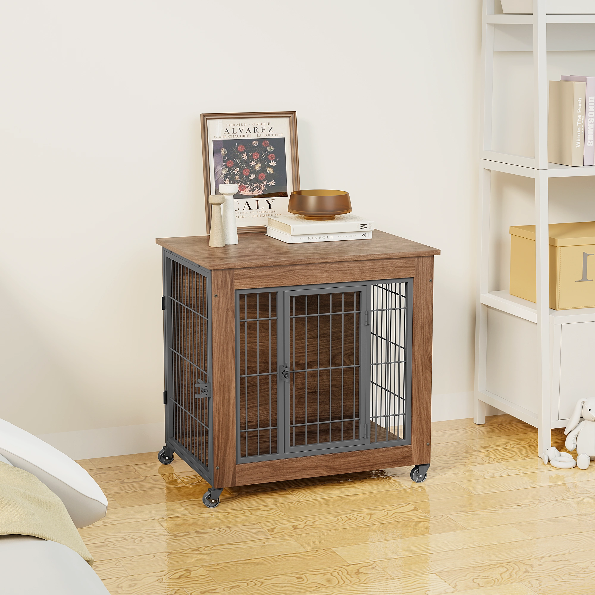27.2" Dog Crate Furniture with Wheels for Small Dogs, Heavy Duty Dog Kennel Indoor with 2 Doors, Wooden Pet Cage End Table, Double-Doors Sturdy Metal Dog Cage for Anxiety Dog view 5
