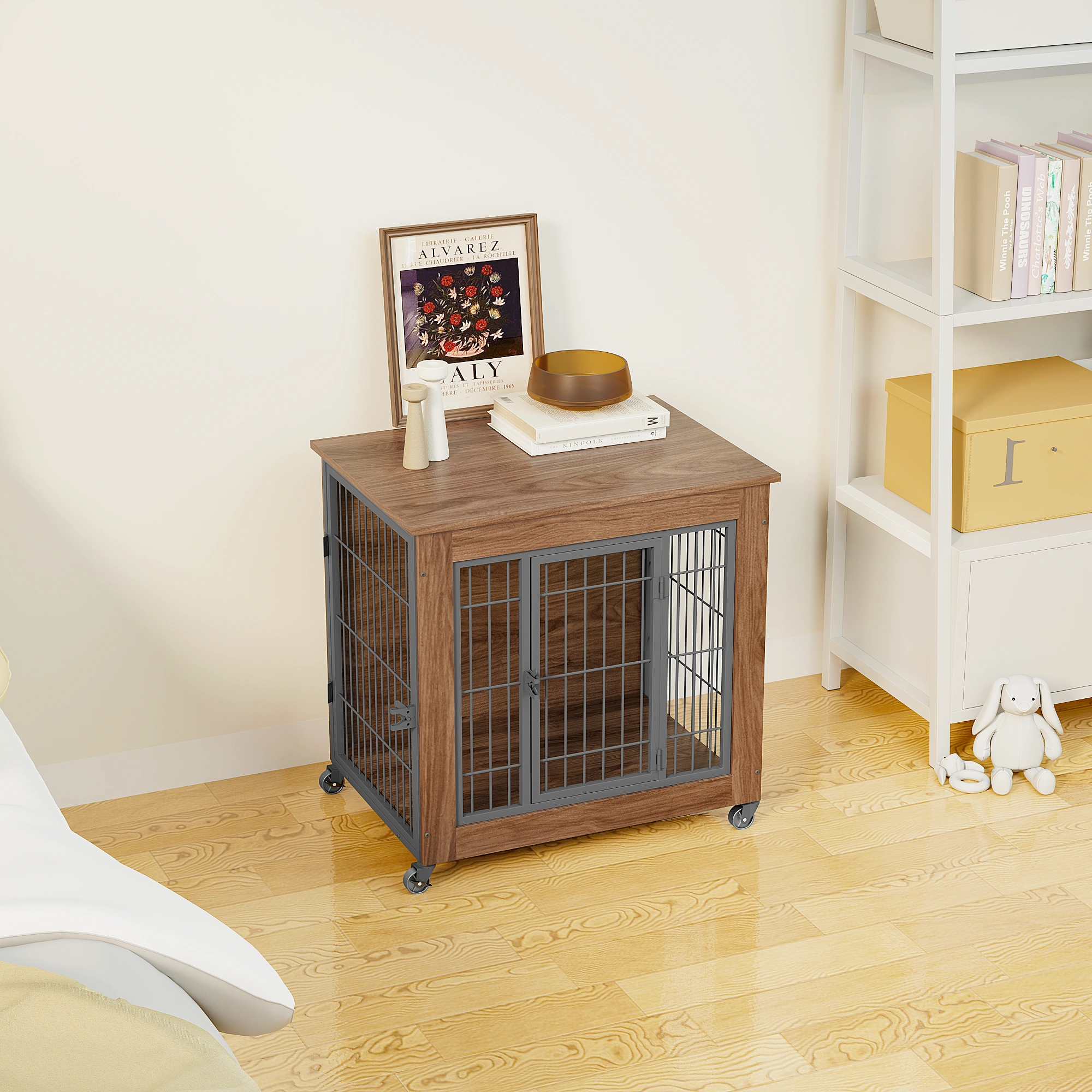 27.2" Dog Crate Furniture with Wheels for Small Dogs, Heavy Duty Dog Kennel Indoor with 2 Doors, Wooden Pet Cage End Table, Double-Doors Sturdy Metal Dog Cage for Anxiety Dog view 6