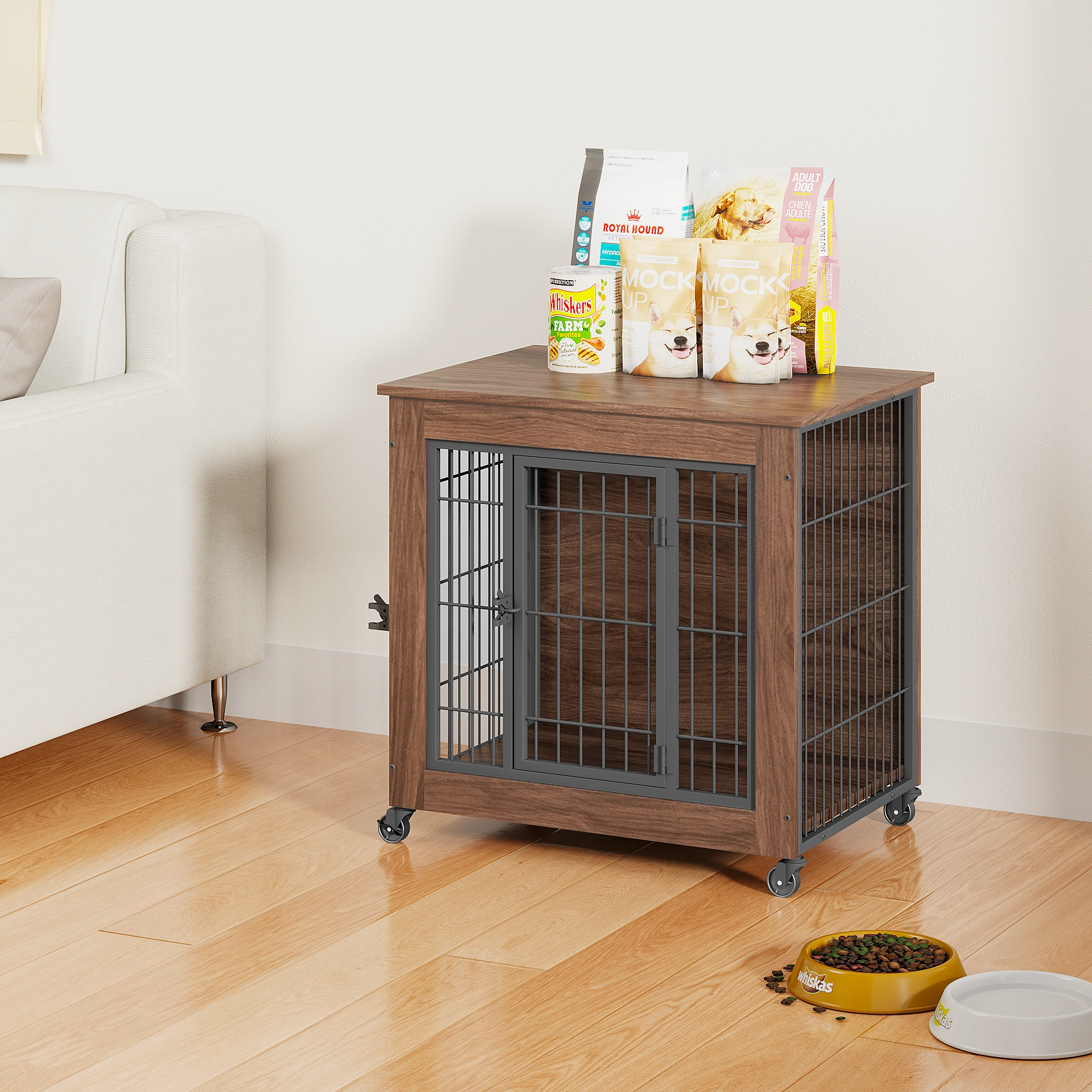 27.2" Dog Crate Furniture with Wheels for Small Dogs, Heavy Duty Dog Kennel Indoor with 2 Doors, Wooden Pet Cage End Table, Double-Doors Sturdy Metal Dog Cage for Anxiety Dog view 7