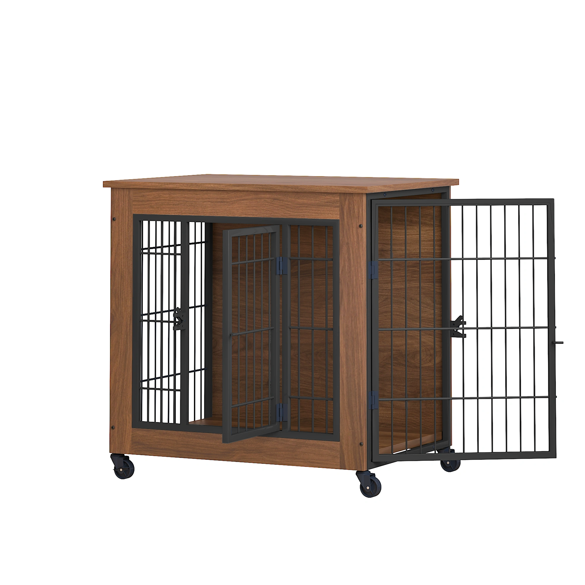 27.2" Dog Crate Furniture with Wheels for Small Dogs, Heavy Duty Dog Kennel Indoor with 2 Doors, Wooden Pet Cage End Table, Double-Doors Sturdy Metal Dog Cage for Anxiety Dog view 8