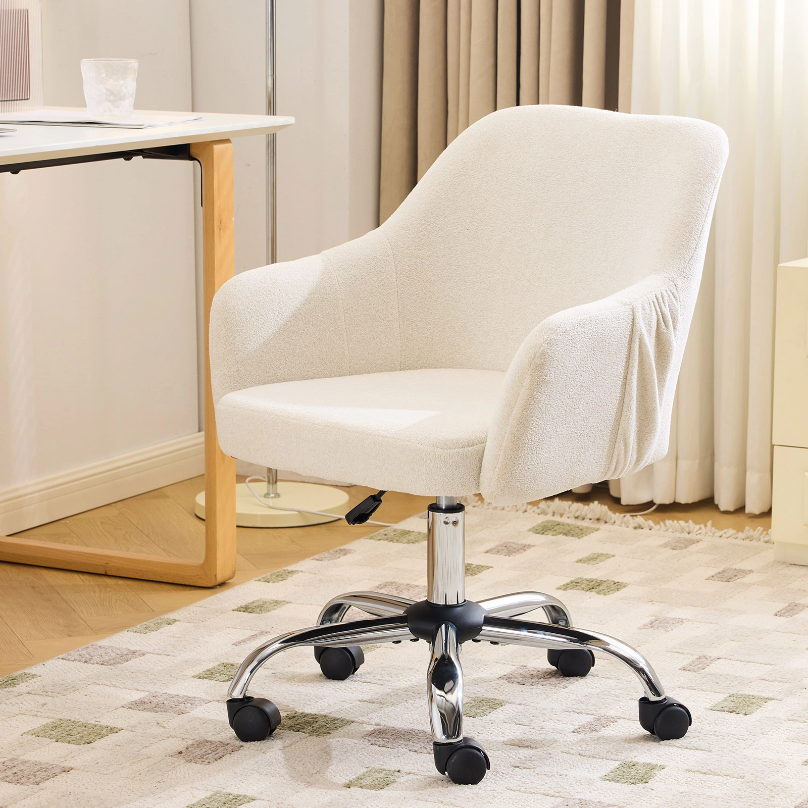 Height Adjustable Office Chair 24.4"W x 17.3"D x 31"-35"H, 360° Swivel Rolling Desk Chair with Armrests, Snowflake Velvet Upholstered Vanity Chair for Home Office Bedroom, Beige view 12