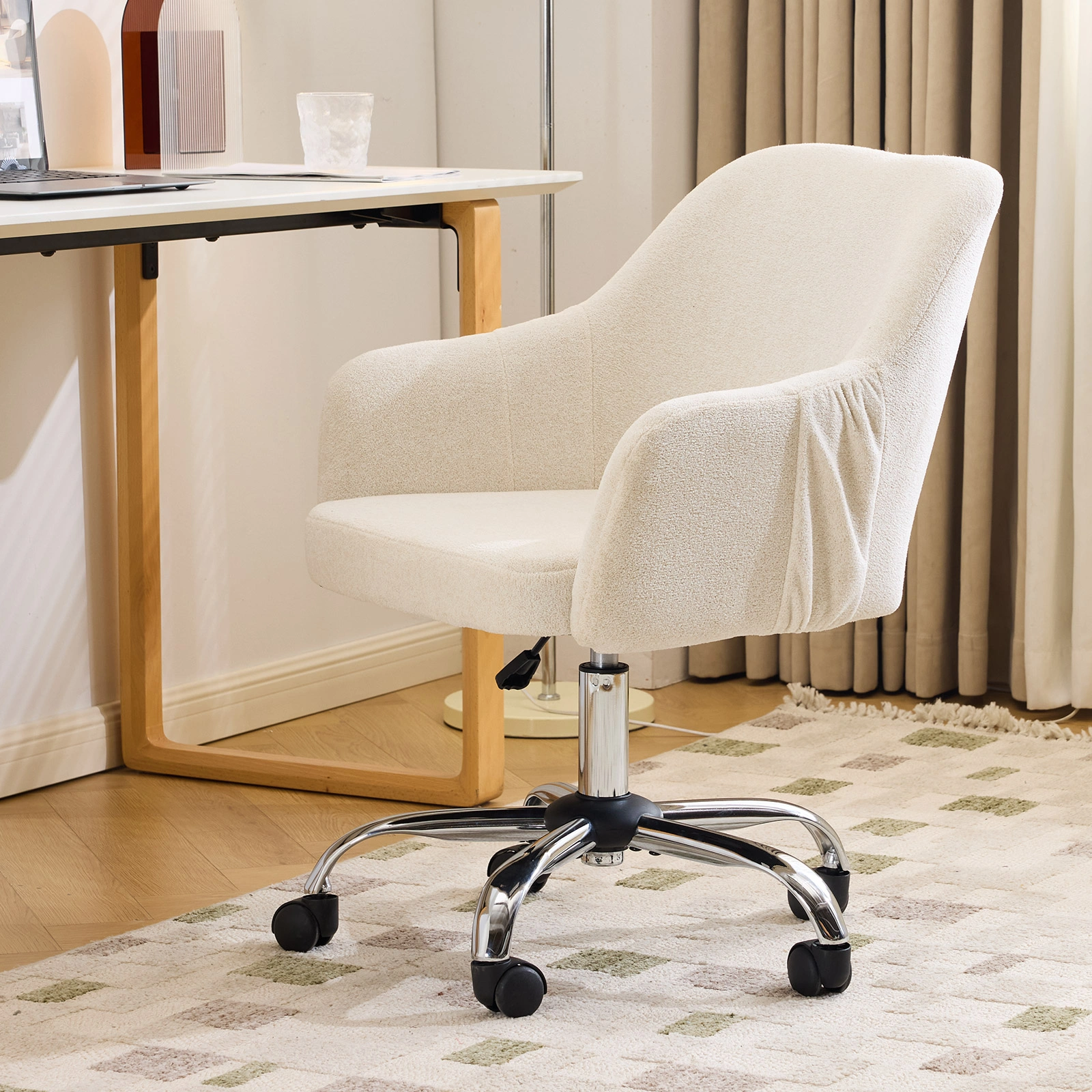 Height Adjustable Office Chair 24.4"W x 17.3"D x 31"-35"H, 360° Swivel Rolling Desk Chair with Armrests, Snowflake Velvet Upholstered Vanity Chair for Home Office Bedroom, Beige view 13