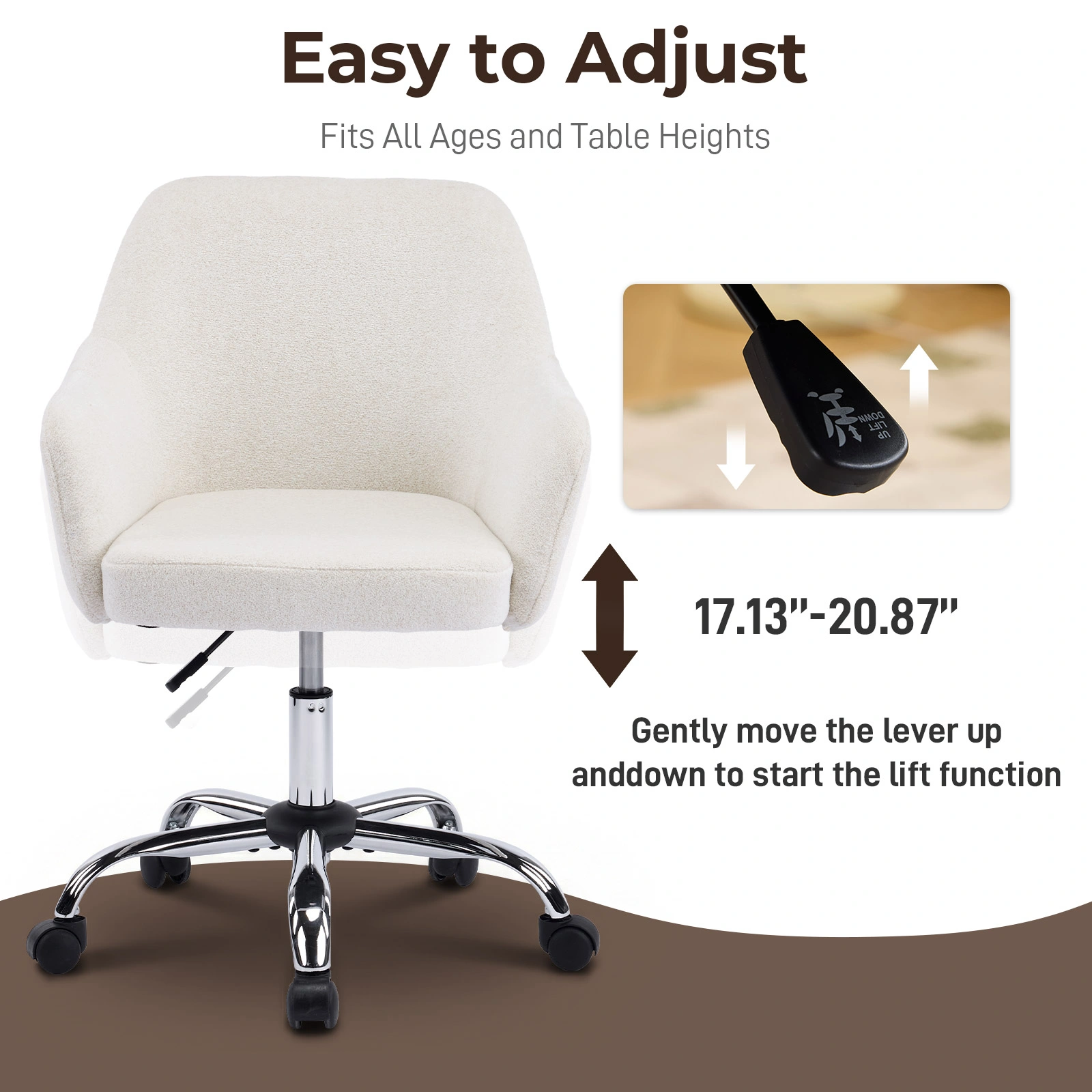 Height Adjustable Office Chair 24.4"W x 17.3"D x 31"-35"H, 360° Swivel Rolling Desk Chair with Armrests, Snowflake Velvet Upholstered Vanity Chair for Home Office Bedroom, Beige view 2