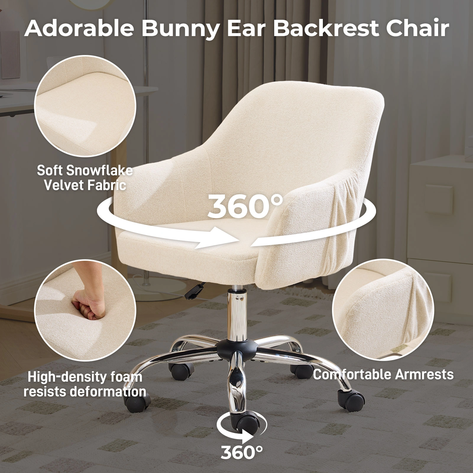 Height Adjustable Office Chair 24.4"W x 17.3"D x 31"-35"H, 360° Swivel Rolling Desk Chair with Armrests, Snowflake Velvet Upholstered Vanity Chair for Home Office Bedroom, Beige view 3