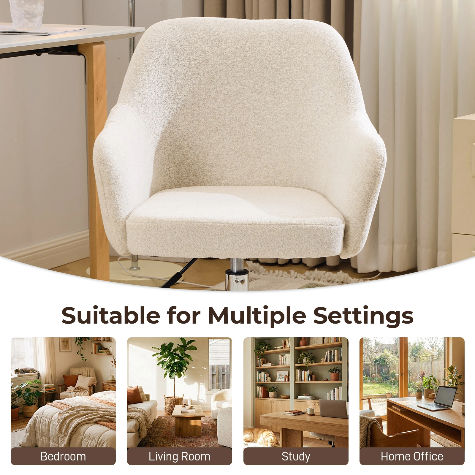 Height Adjustable Office Chair 24.4"W x 17.3"D x 31"-35"H, 360° Swivel Rolling Desk Chair with Armrests, Snowflake Velvet Upholstered Vanity Chair for Home Office Bedroom, Beige view 4