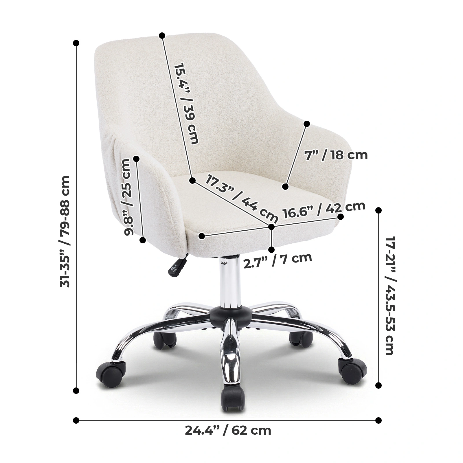 Height Adjustable Office Chair 24.4"W x 17.3"D x 31"-35"H, 360° Swivel Rolling Desk Chair with Armrests, Snowflake Velvet Upholstered Vanity Chair for Home Office Bedroom, Beige view 5