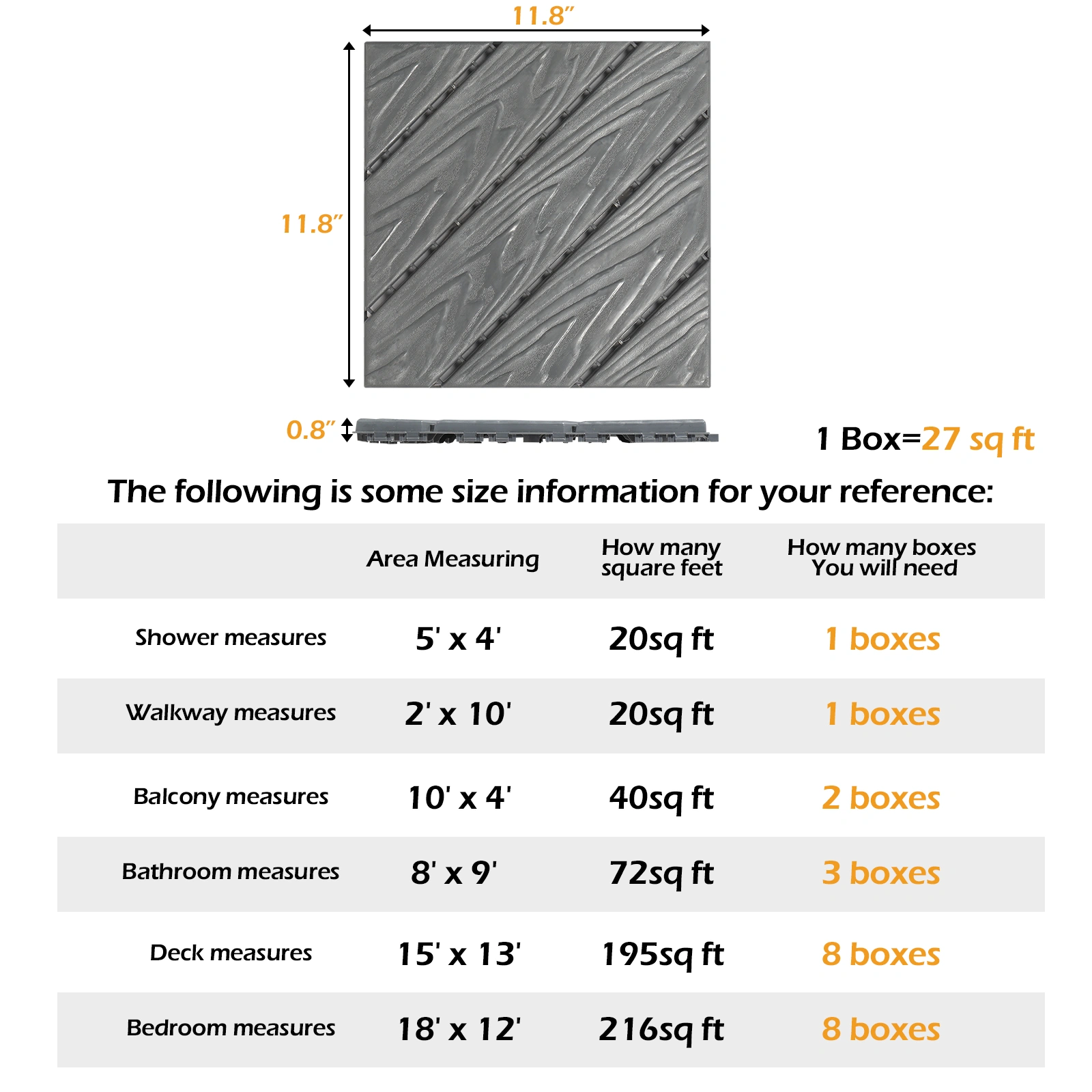 Plastic Interlocking Deck Tiles, 27 Pack, 11.8"x11.8" Waterproof Flooring Tiles for Indoor and Outdoor, Patio Floor Decking Tiles for Porch Poolside Balcony Backyard, Dark Grey view 11