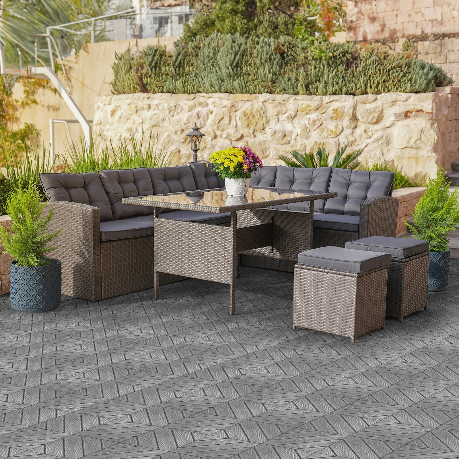 Plastic Interlocking Deck Tiles, 27 Pack, 11.8"x11.8" Waterproof Flooring Tiles for Indoor and Outdoor, Patio Floor Decking Tiles for Porch Poolside Balcony Backyard, Dark Grey view 7